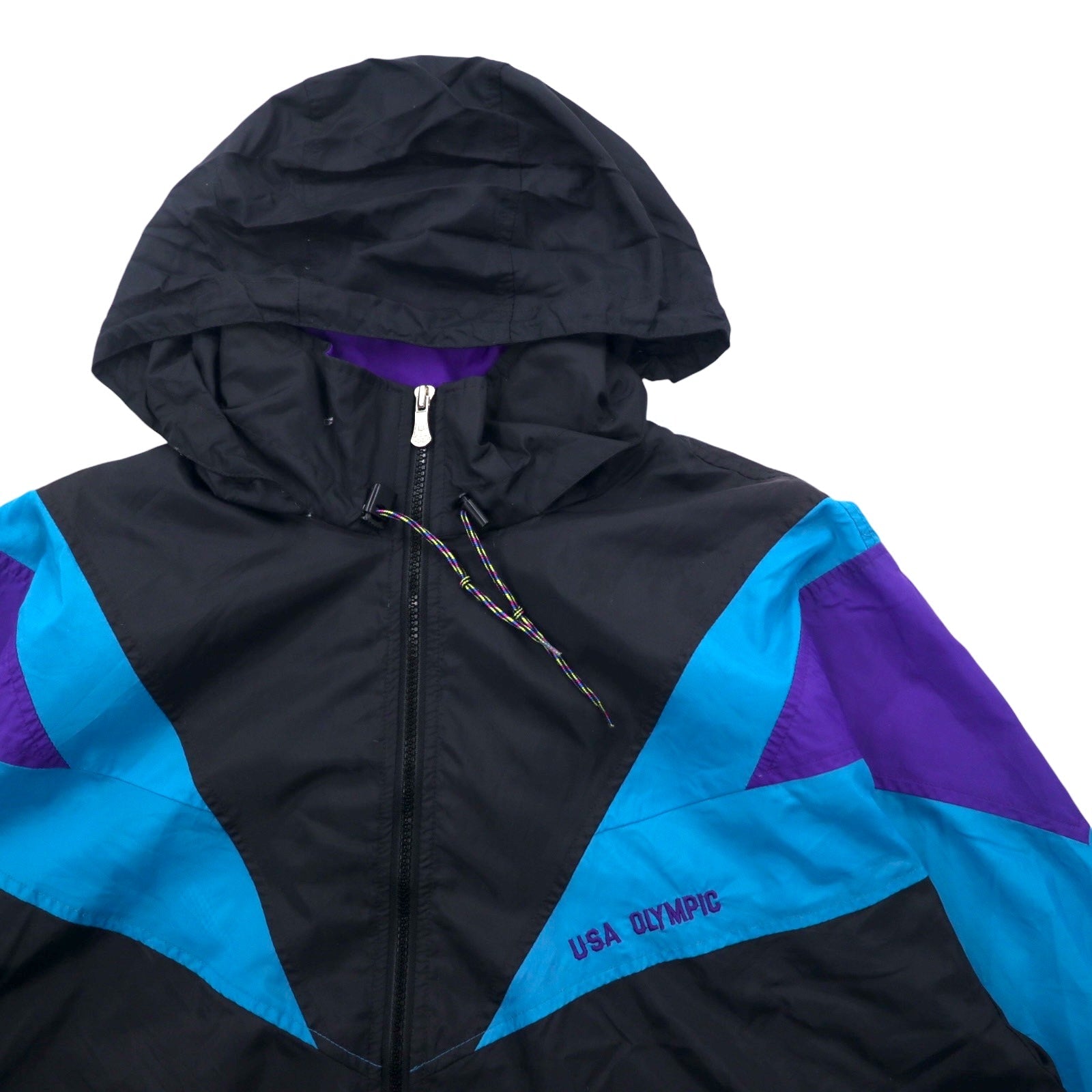 JC PENNEY Anni '90 Giacca da allenamento in nylon L Nera Fodera in mesh Cappuccio ripiegabile USA OLYMPIC
