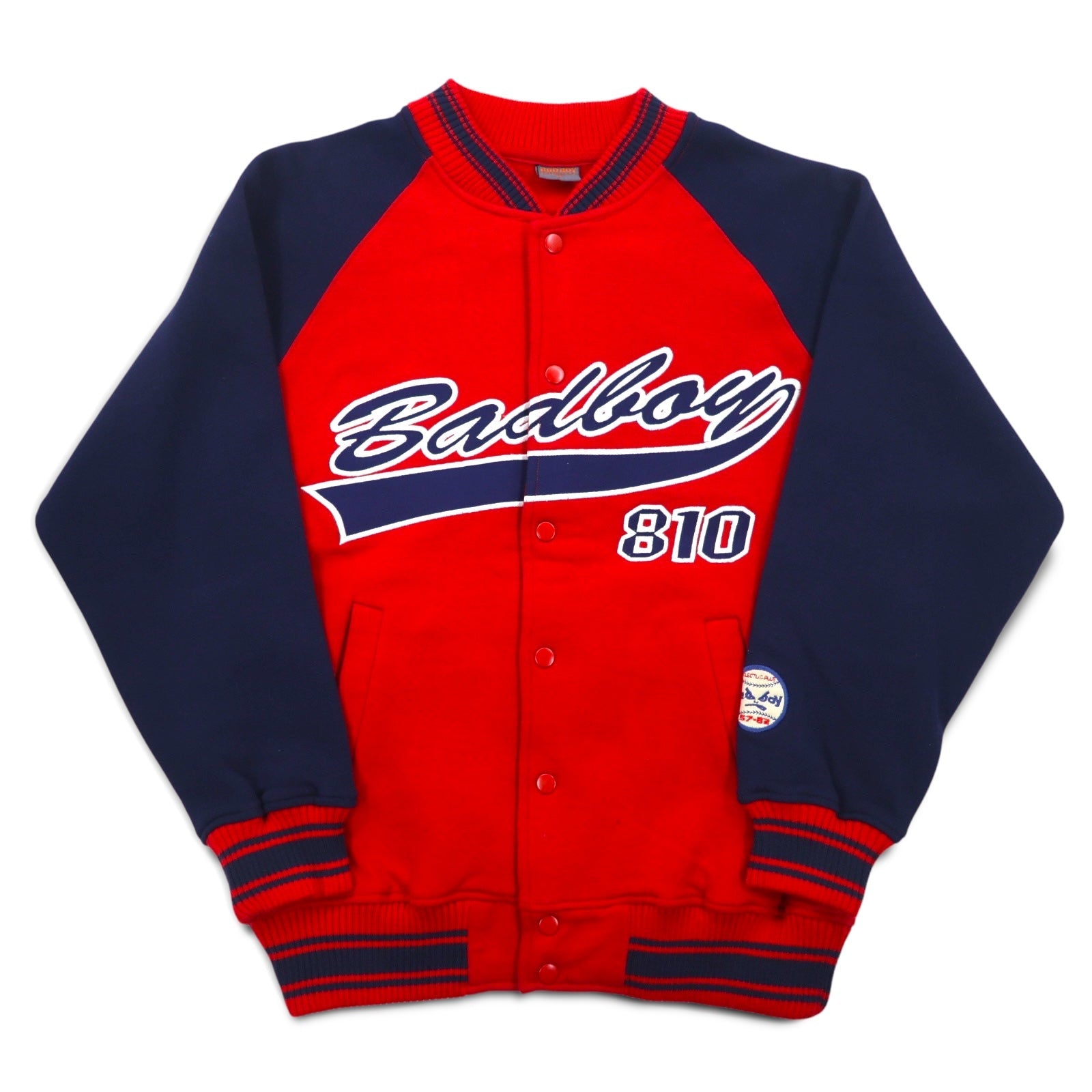 BAD BOY Maglione Stile Baseball anni '90, Taglia M, Rosso Blu, Cotone Felpato, Logo Ricamato