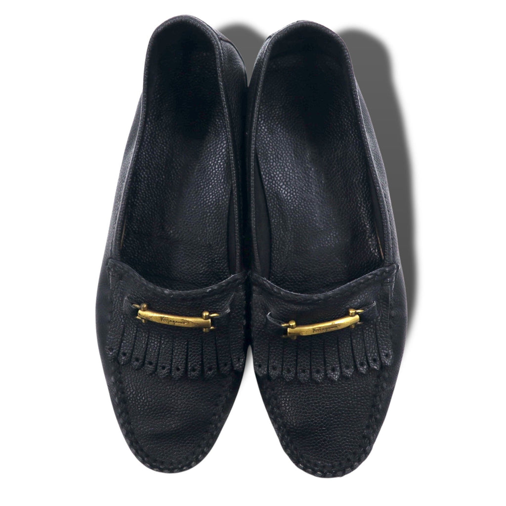 Salvatore Ferragamo Mocassini con frange e morsetto dorato Made in Italy 25.5cm Pelle nera 9097