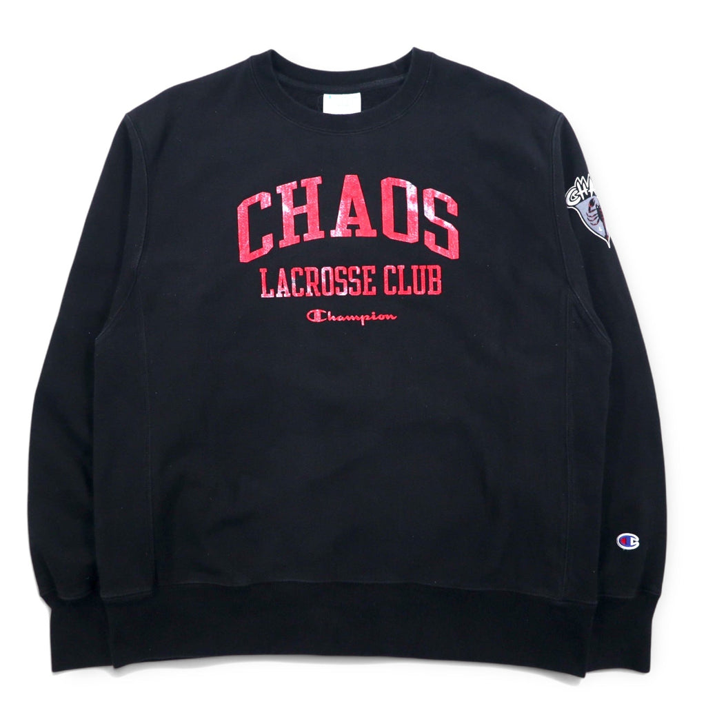 Champion Reverse Weave FELPA STAMPATA L nera cotone felpato, etichetta blu a singolo taglio, riproduzione CHAOS LACROSSE CLUB, made in El Salvador
