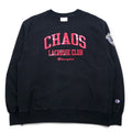 Champion Reverse Weave FELPA STAMPATA L nera cotone felpato, etichetta blu a singolo taglio, riproduzione CHAOS LACROSSE CLUB, made in El Salvador