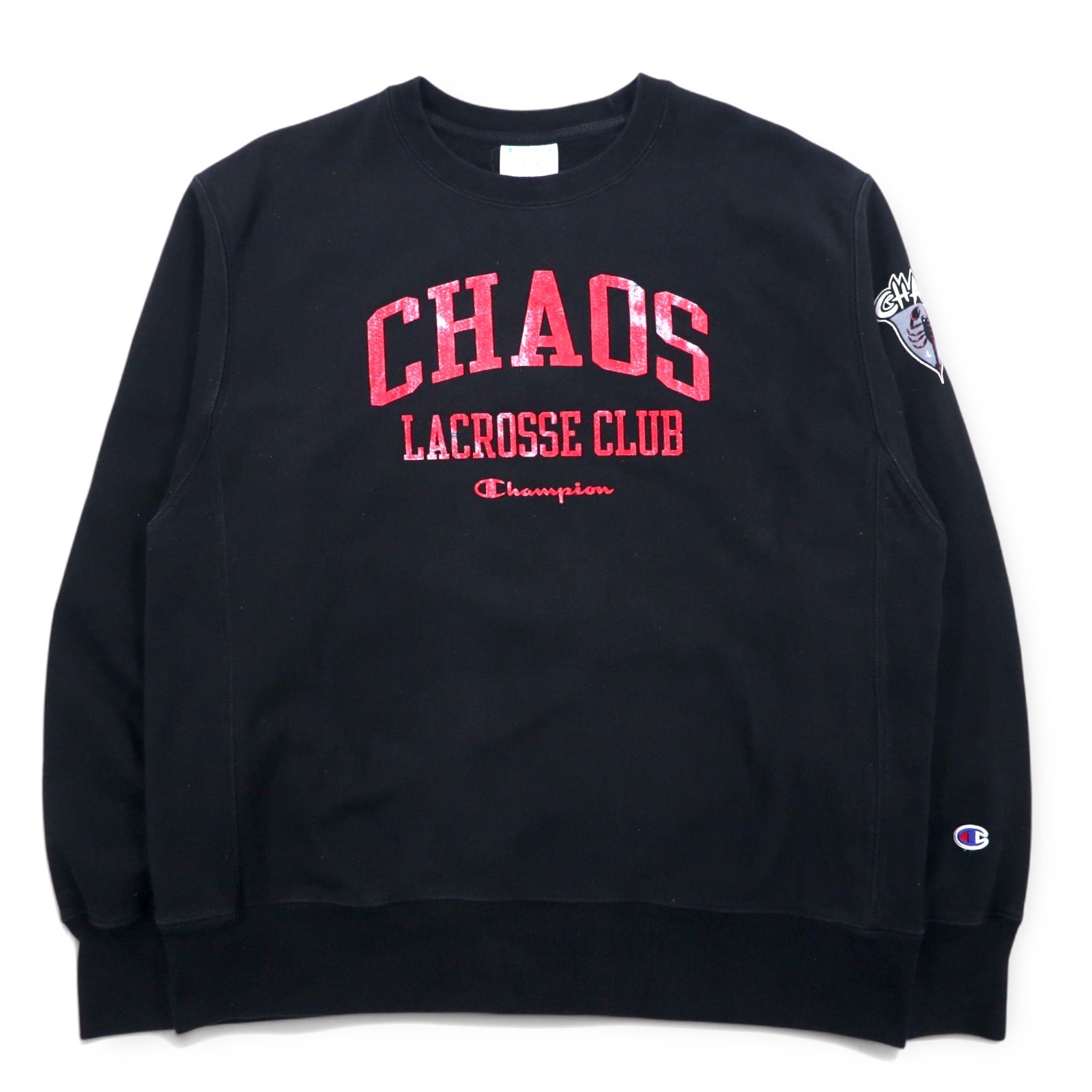 Champion Reverse Weave FELPA STAMPATA L nera cotone felpato, etichetta blu a singolo taglio, riproduzione CHAOS LACROSSE CLUB, made in El Salvador