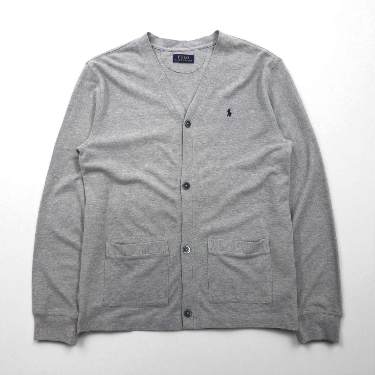 Polo Ralph Lauren 鹿の子 ニット カーディガン M グレー Vネック スモールポニー刺繡 ハンドウォーマー ポケット