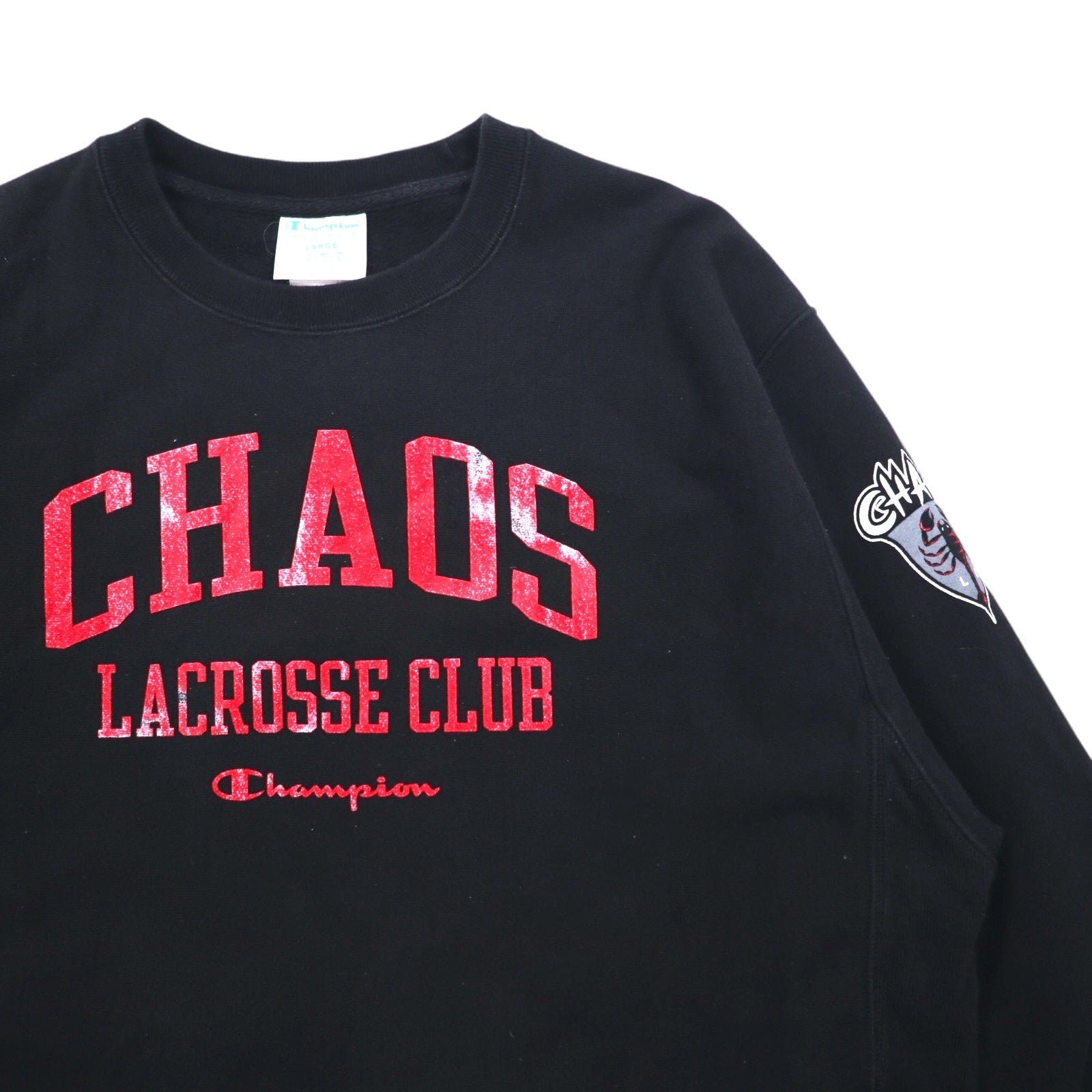 Champion Reverse Weave FELPA STAMPATA L nera cotone felpato, etichetta blu a singolo taglio, riproduzione CHAOS LACROSSE CLUB, made in El Salvador