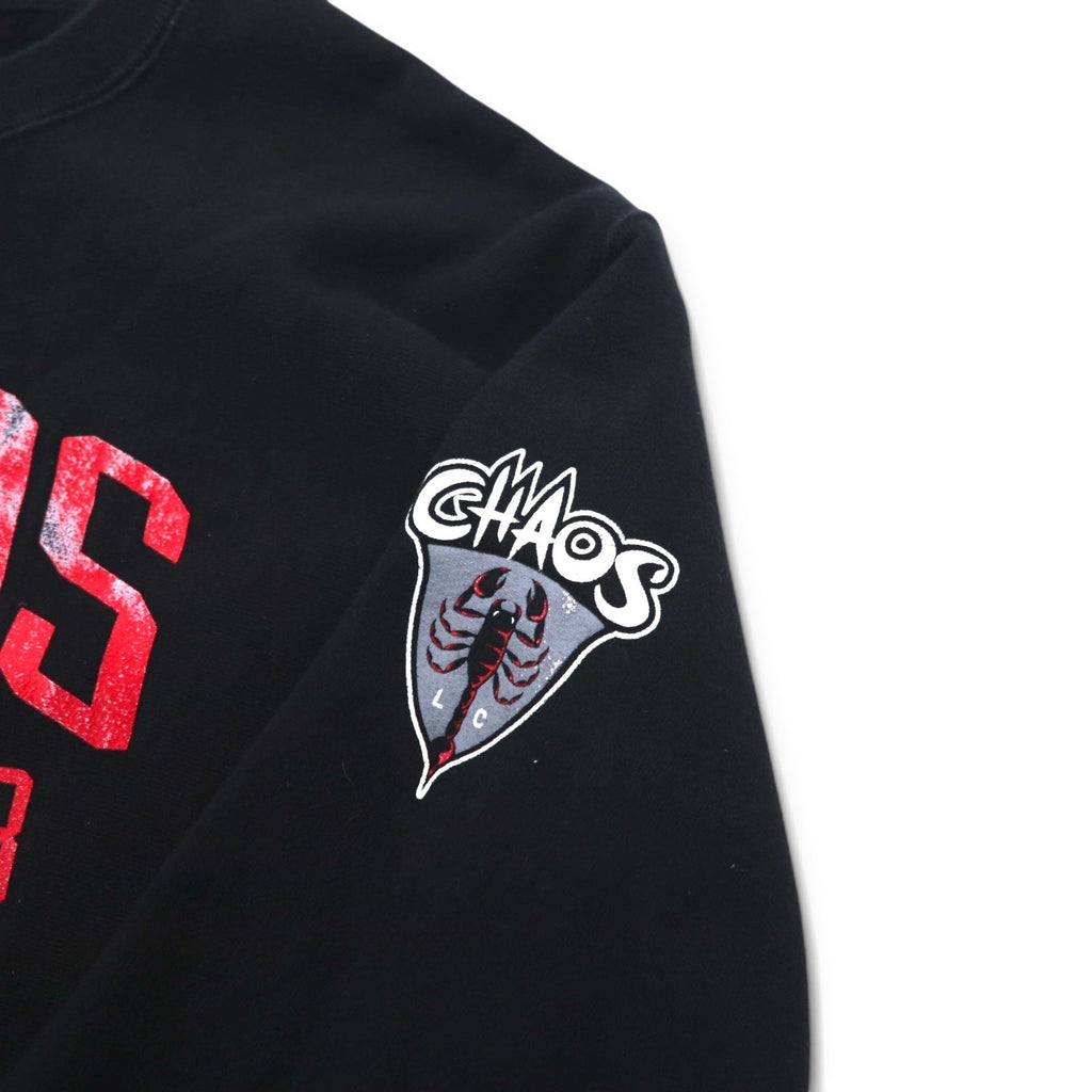 Champion Reverse Weave FELPA STAMPATA L nera cotone felpato, etichetta blu a singolo taglio, riproduzione CHAOS LACROSSE CLUB, made in El Salvador