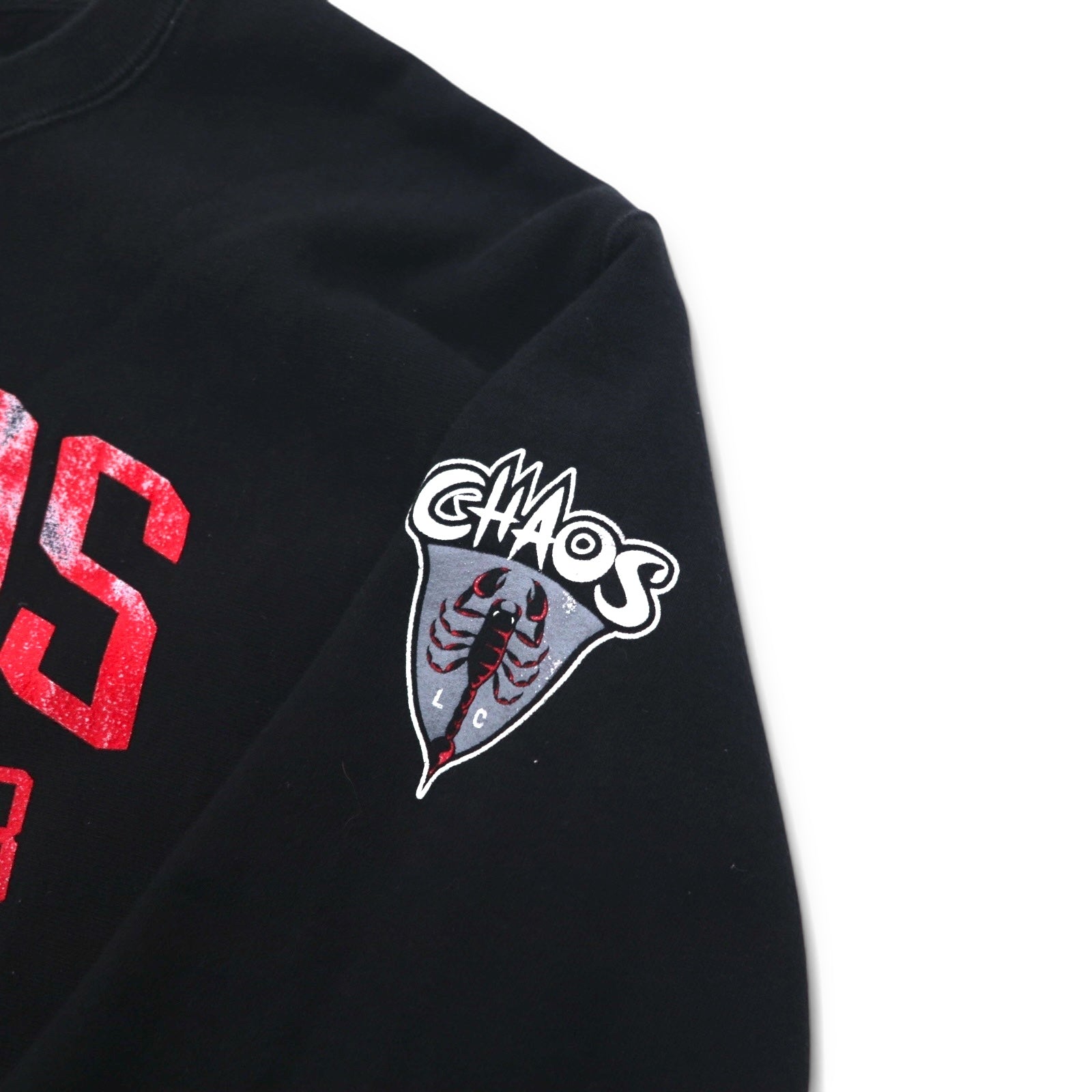 Champion Reverse Weave FELPA STAMPATA L nera cotone felpato, etichetta blu a singolo taglio, riproduzione CHAOS LACROSSE CLUB, made in El Salvador