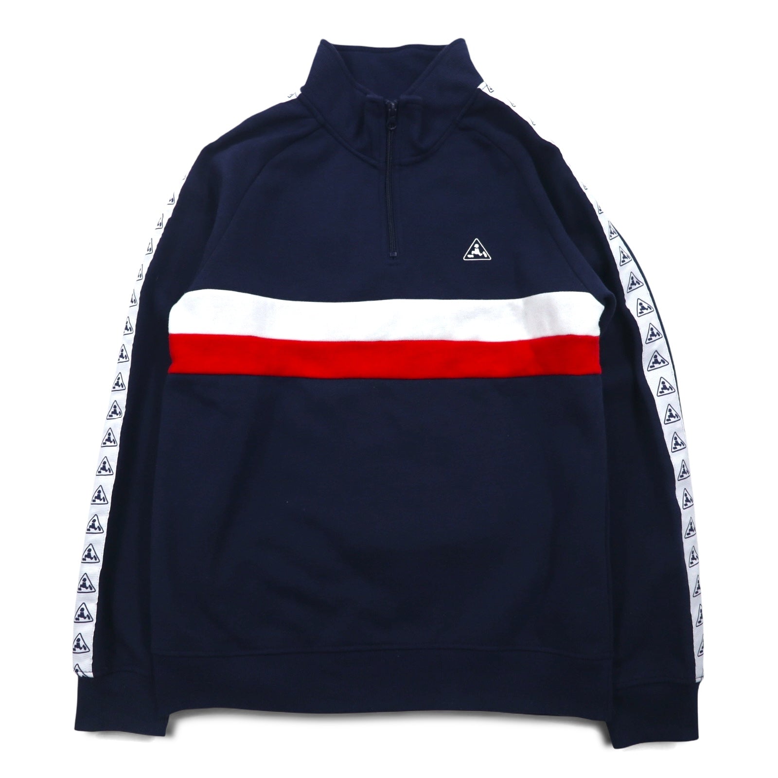PLENTY TOUGH SPORT anni '90, felpa mezza zip, taglia M, blu navy, tricolore, interno felpato, logo a nastro
