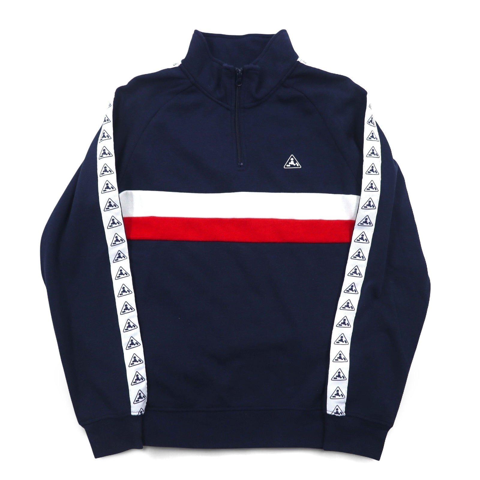 PLENTY TOUGH SPORT anni '90, felpa mezza zip, taglia M, blu navy, tricolore, interno felpato, logo a nastro