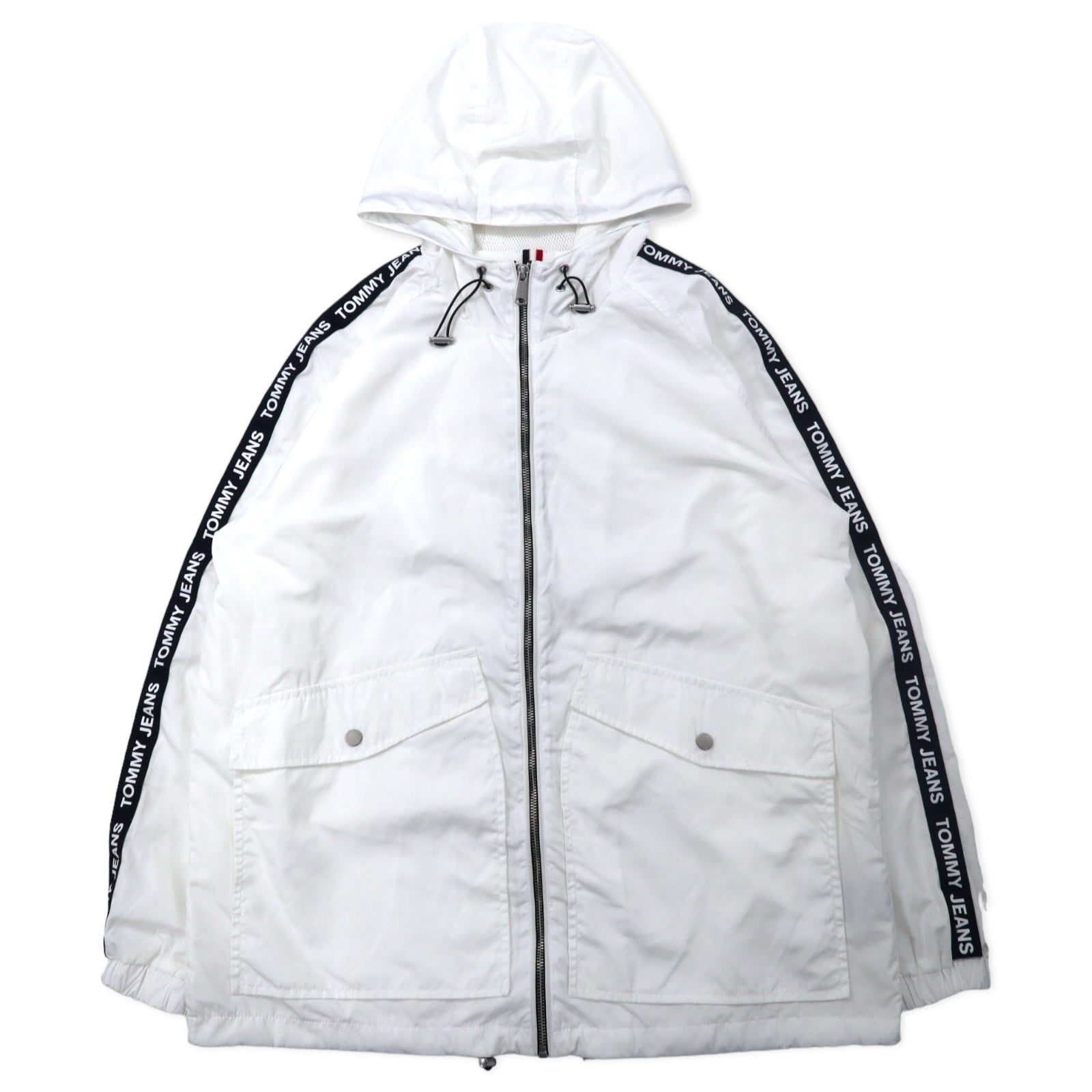 TOMMY JEANS Giacca in nylon a vestibilità ampia con logo a nastro, con cappuccio, taglia L, colore bianco, poliestere DW0DW04138