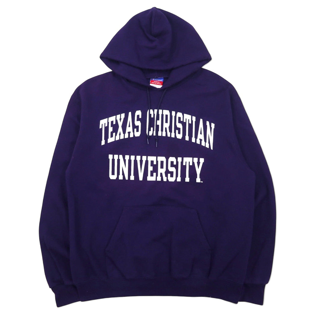 Champion anni 2000 felpa con cappuccio pullover con stampa college L blu navy cotone interno felpato TEXAS CHRISTIAN UNIVERSITY logo ad arco stampa su due livelli Made in Honduras