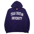 Champion anni 2000 felpa con cappuccio pullover con stampa college L blu navy cotone interno felpato TEXAS CHRISTIAN UNIVERSITY logo ad arco stampa su due livelli Made in Honduras