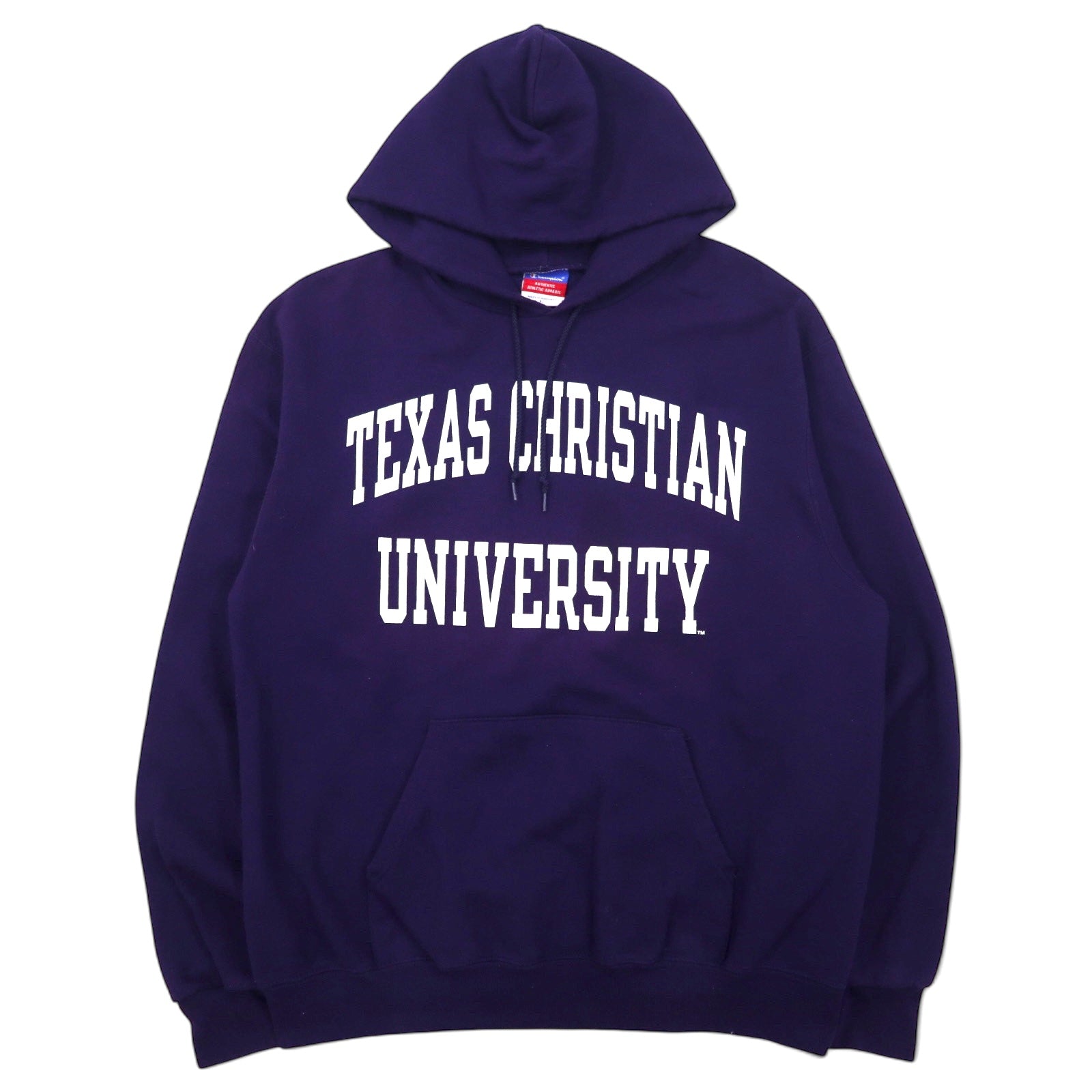 Champion anni 2000 felpa con cappuccio pullover con stampa college L blu navy cotone interno felpato TEXAS CHRISTIAN UNIVERSITY logo ad arco stampa su due livelli Made in Honduras