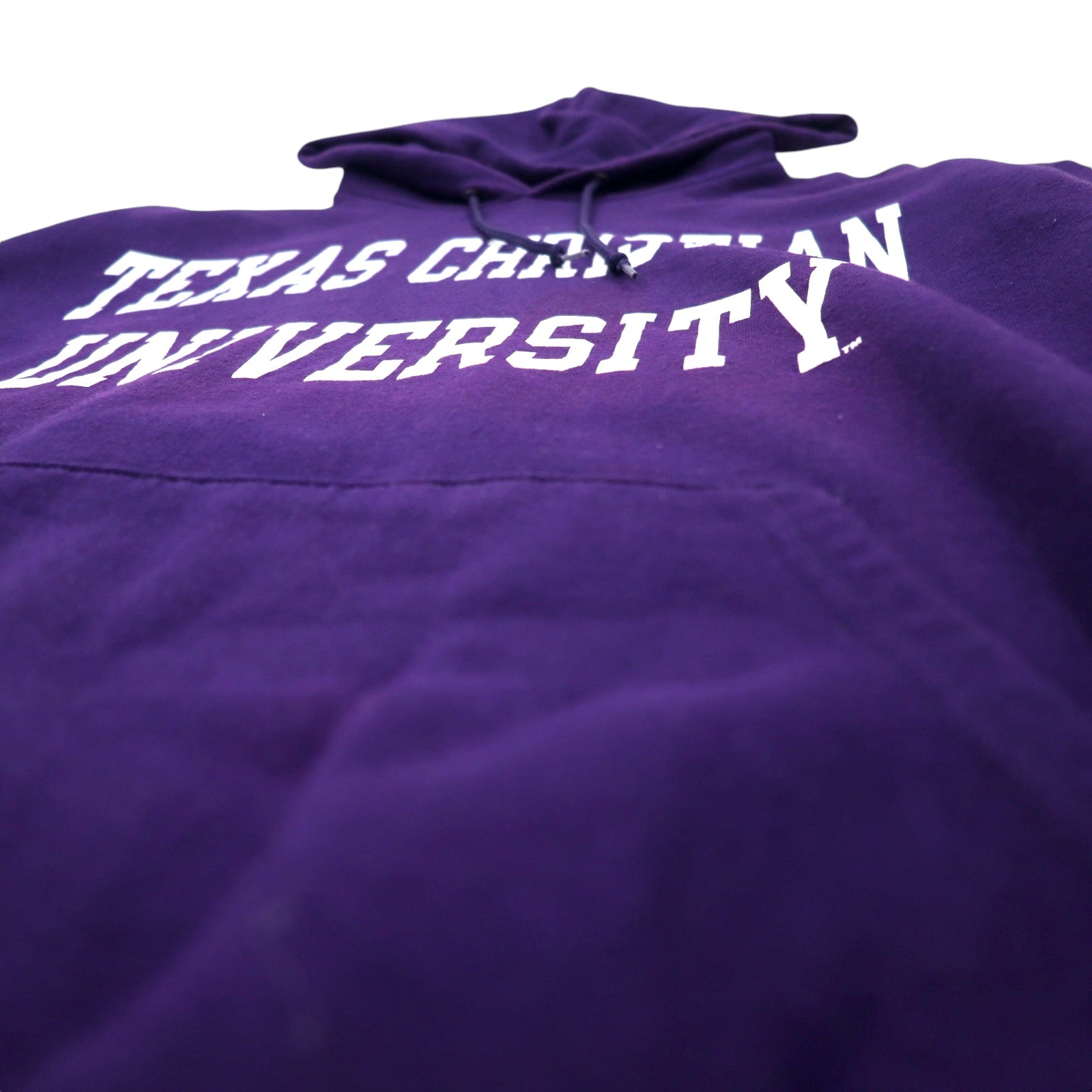Champion anni 2000 felpa con cappuccio pullover con stampa college L blu navy cotone interno felpato TEXAS CHRISTIAN UNIVERSITY logo ad arco stampa su due livelli Made in Honduras