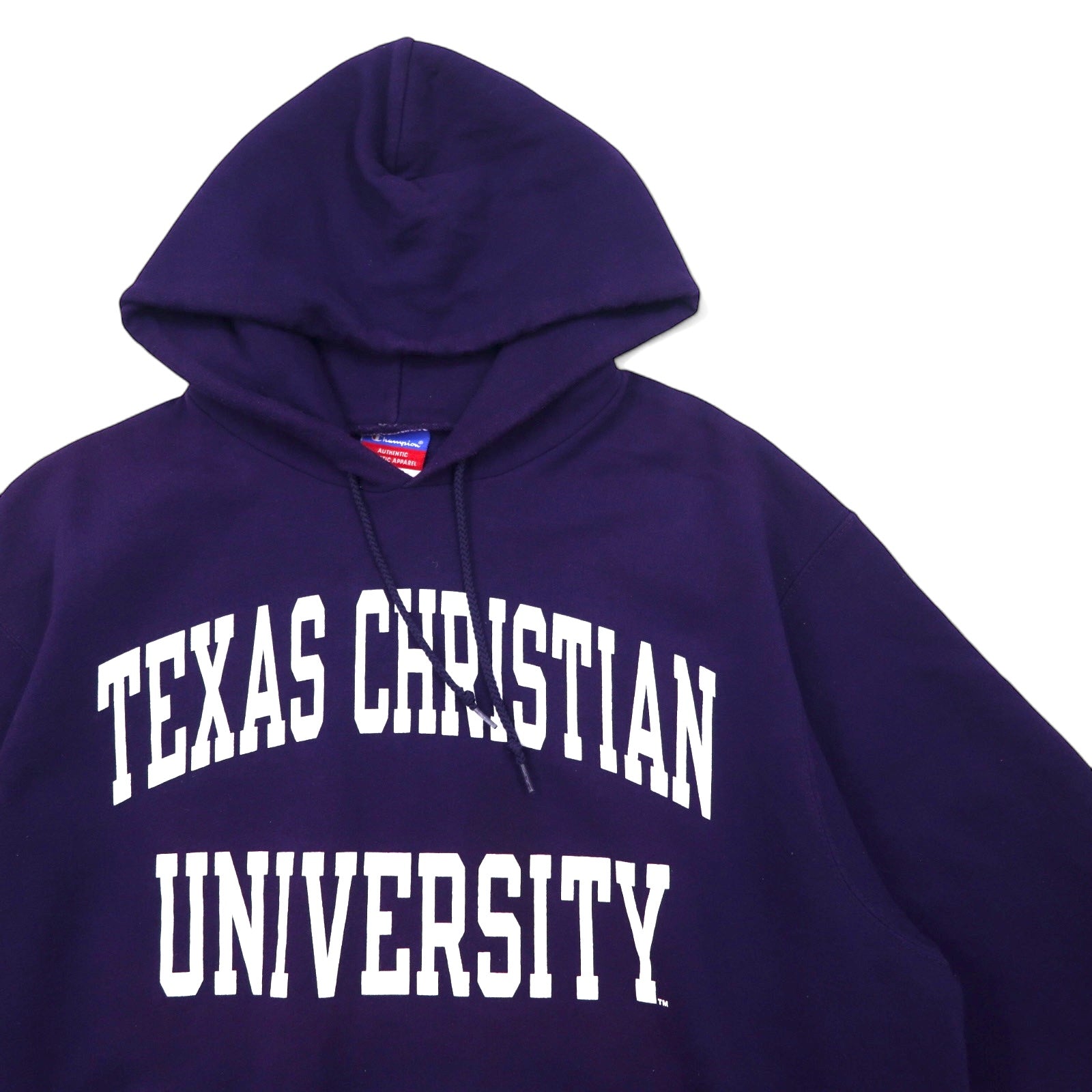 Champion anni 2000 felpa con cappuccio pullover con stampa college L blu navy cotone interno felpato TEXAS CHRISTIAN UNIVERSITY logo ad arco stampa su due livelli Made in Honduras