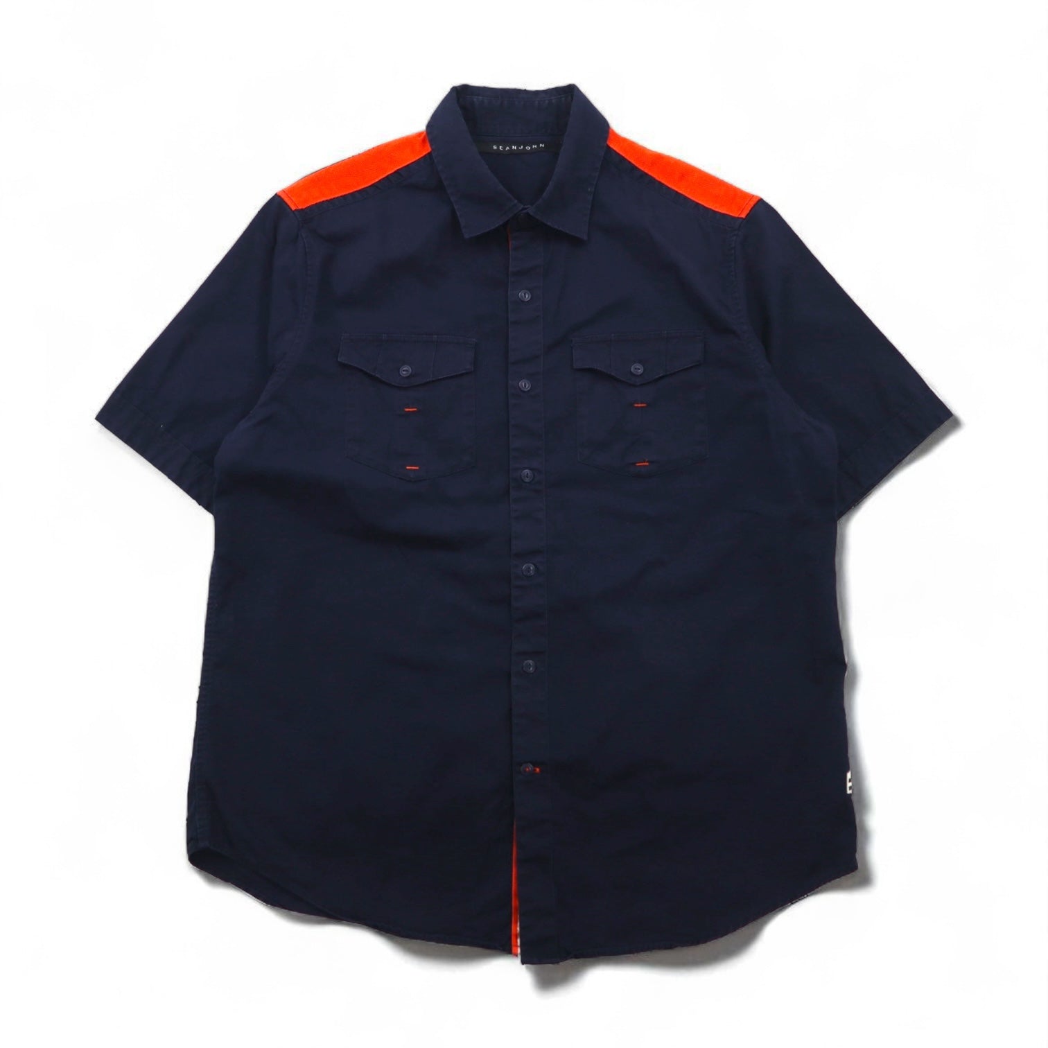 SEAN JOHN Anni 2000 Design riflettente Camicia da campo a maniche corte L Blu navy Cotone