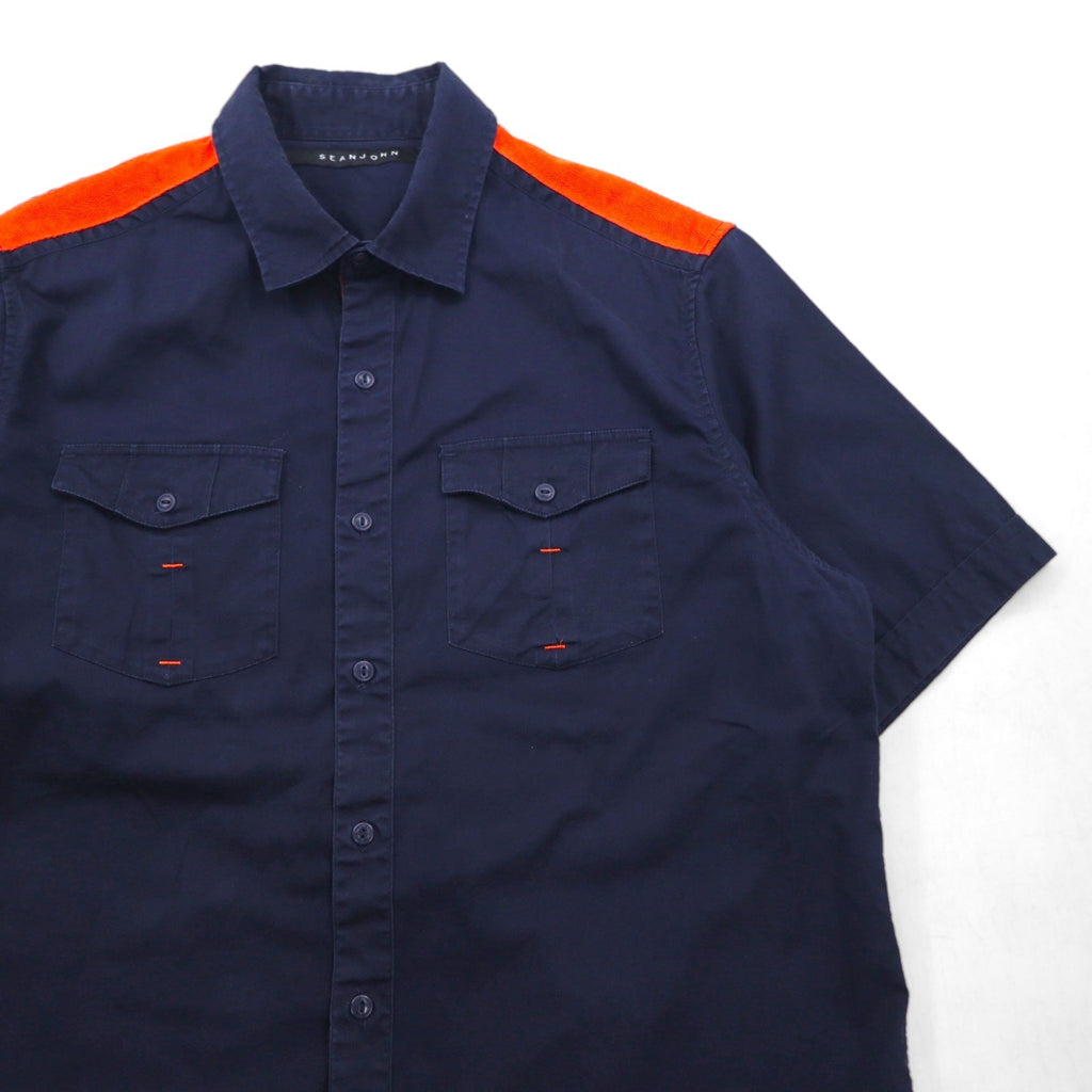 SEAN JOHN Anni 2000 Design riflettente Camicia da campo a maniche corte L Blu navy Cotone