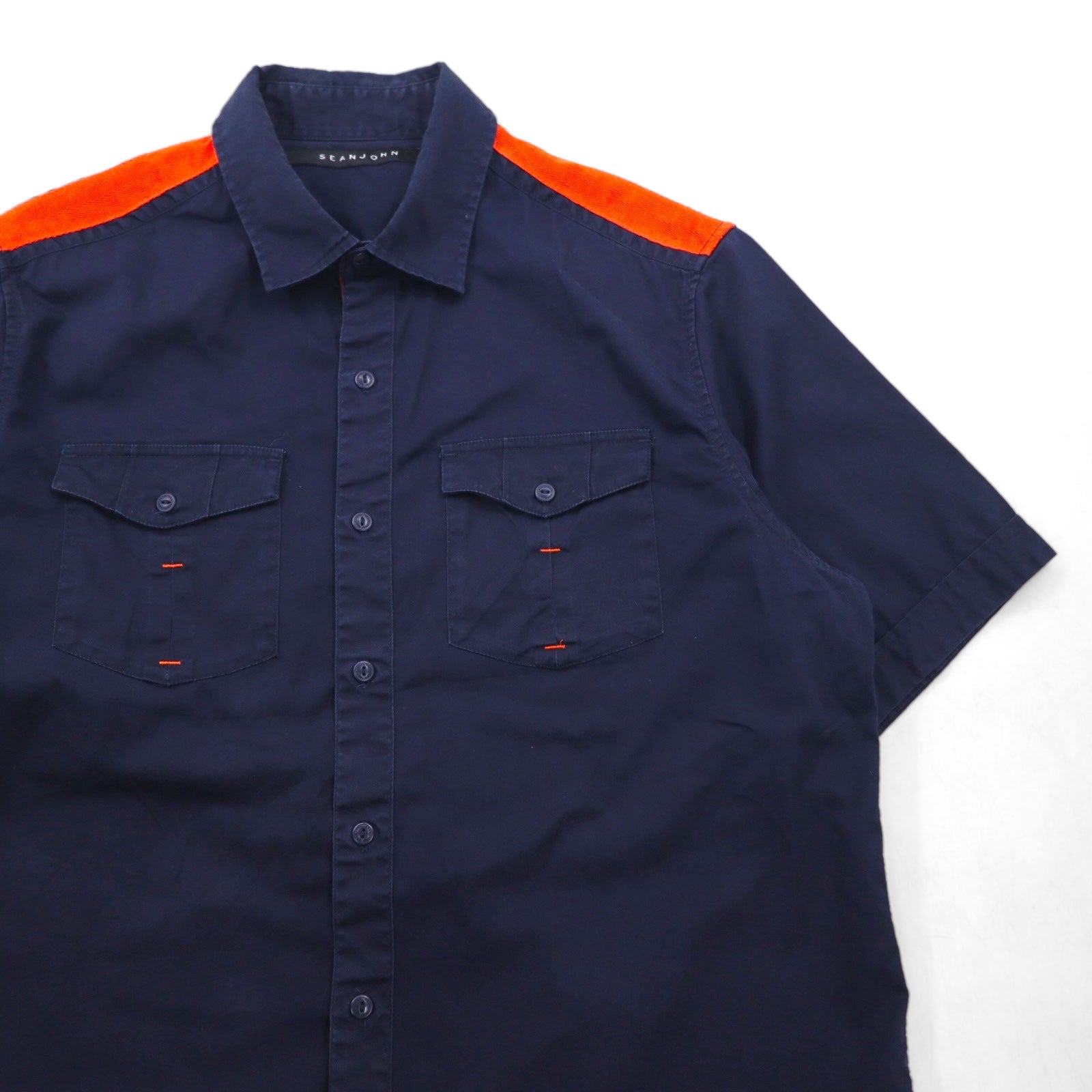 SEAN JOHN Anni 2000 Design riflettente Camicia da campo a maniche corte L Blu navy Cotone