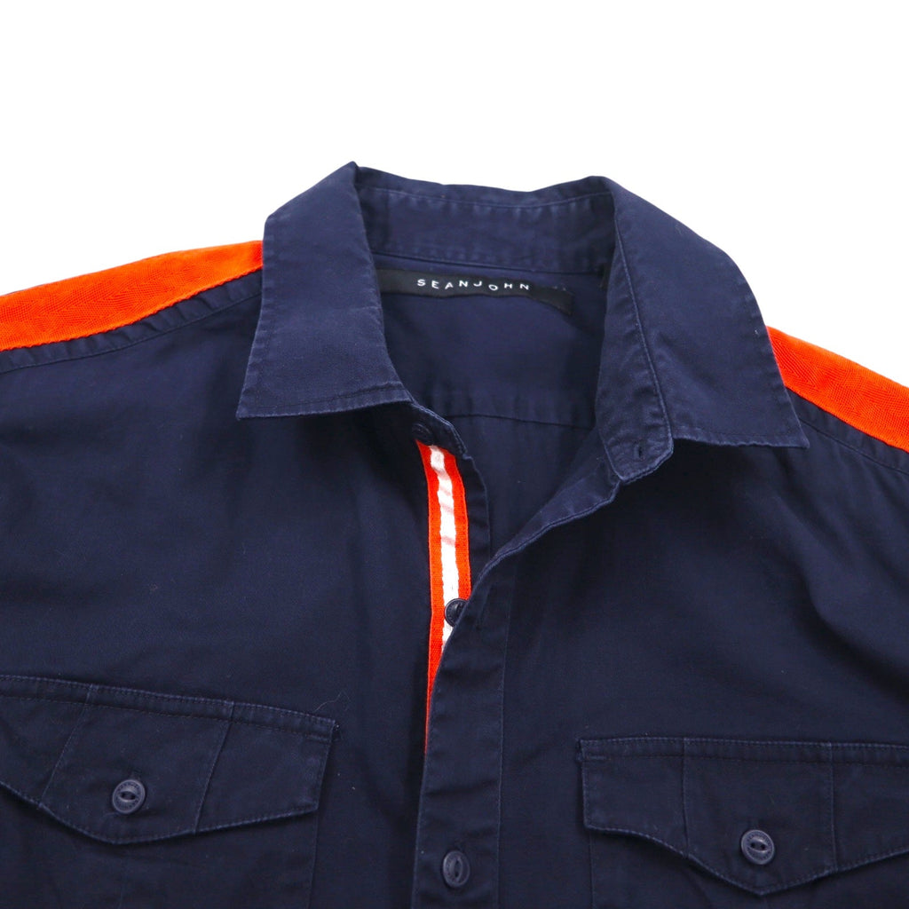SEAN JOHN Anni 2000 Design riflettente Camicia da campo a maniche corte L Blu navy Cotone