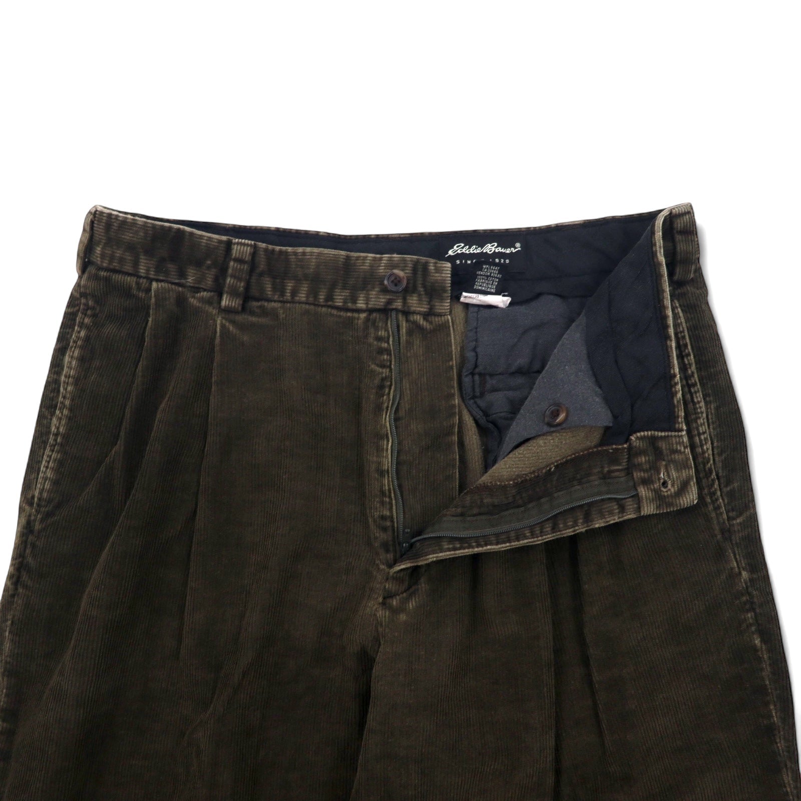 Eddie Bauer anni '90 pantaloni di velluto a coste ampi con pinces 33 kaki cotone Made in Repubblica Dominicana