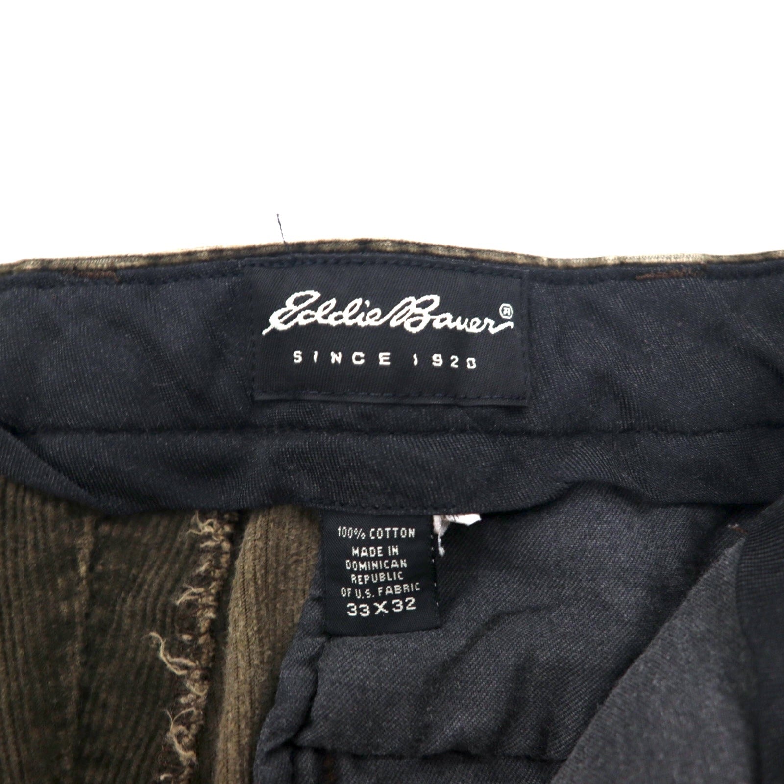 Eddie Bauer anni '90 pantaloni di velluto a coste ampi con pinces 33 kaki cotone Made in Repubblica Dominicana