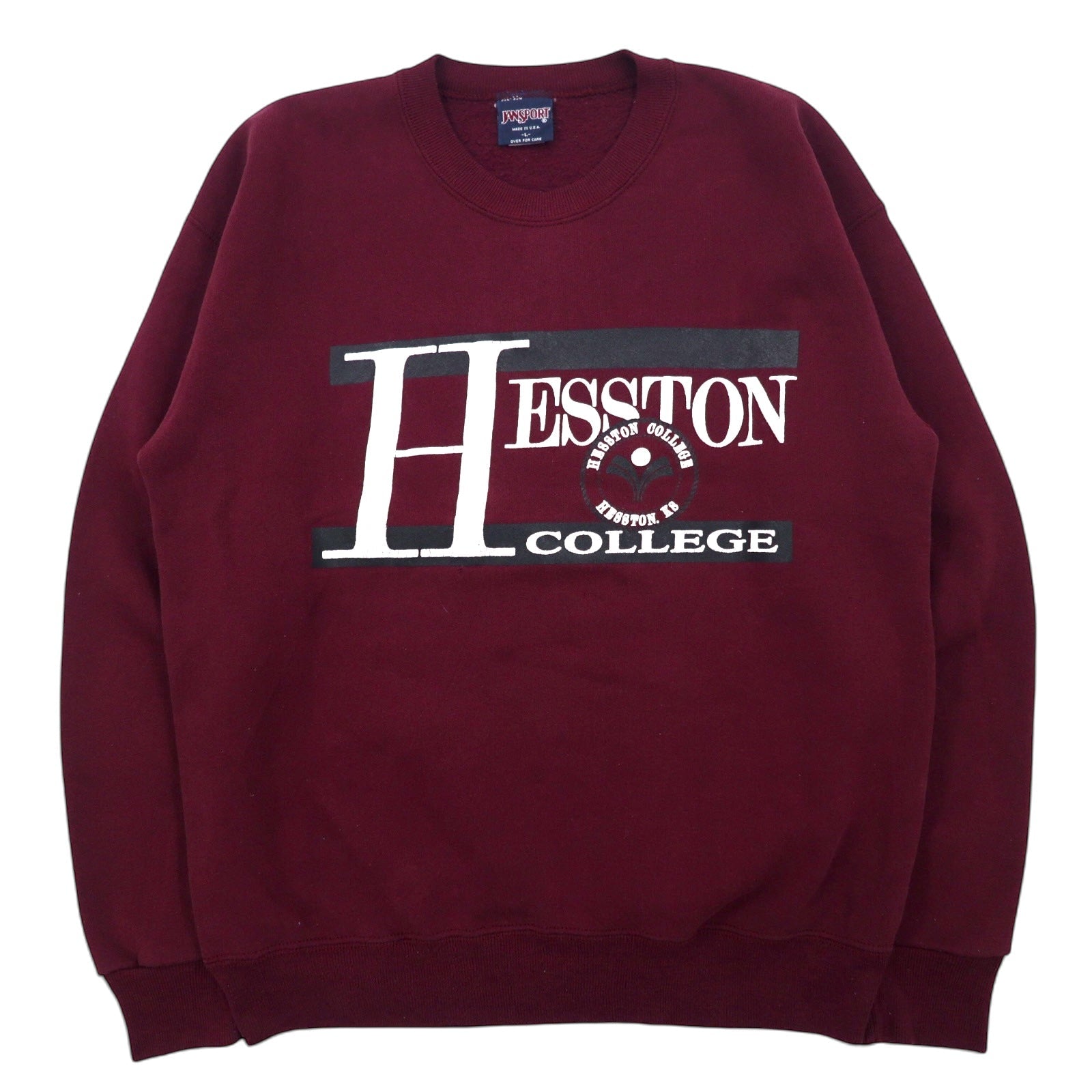 JAN SPORT Made in USA anni '90 Stampa College Felpa L Bordeaux Cotone HESSTON COLLEGE