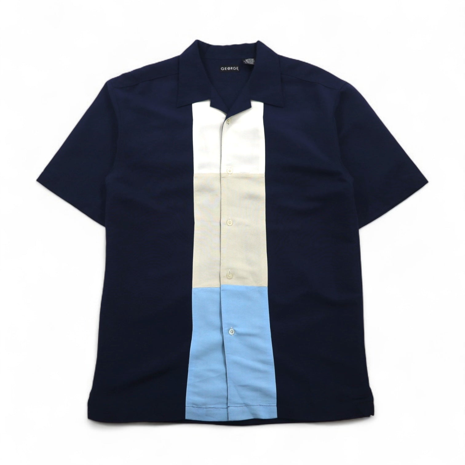 GEORGE Camicia a maniche corte con colletto aperto, vestibilità squadrata, taglia L, blu navy, in rayon e poliestere.