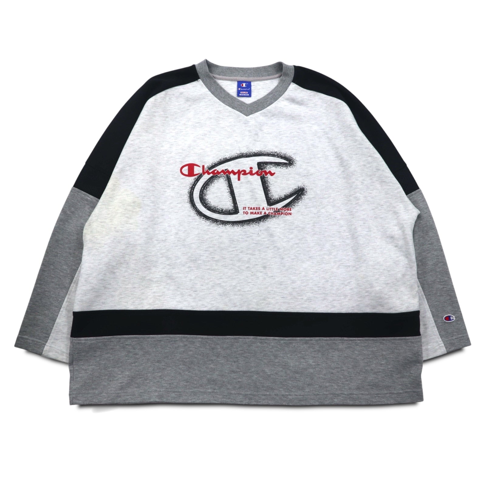 Champion anni '90, felpa girocollo raglan 4XL grigia, logo script, taglia grande