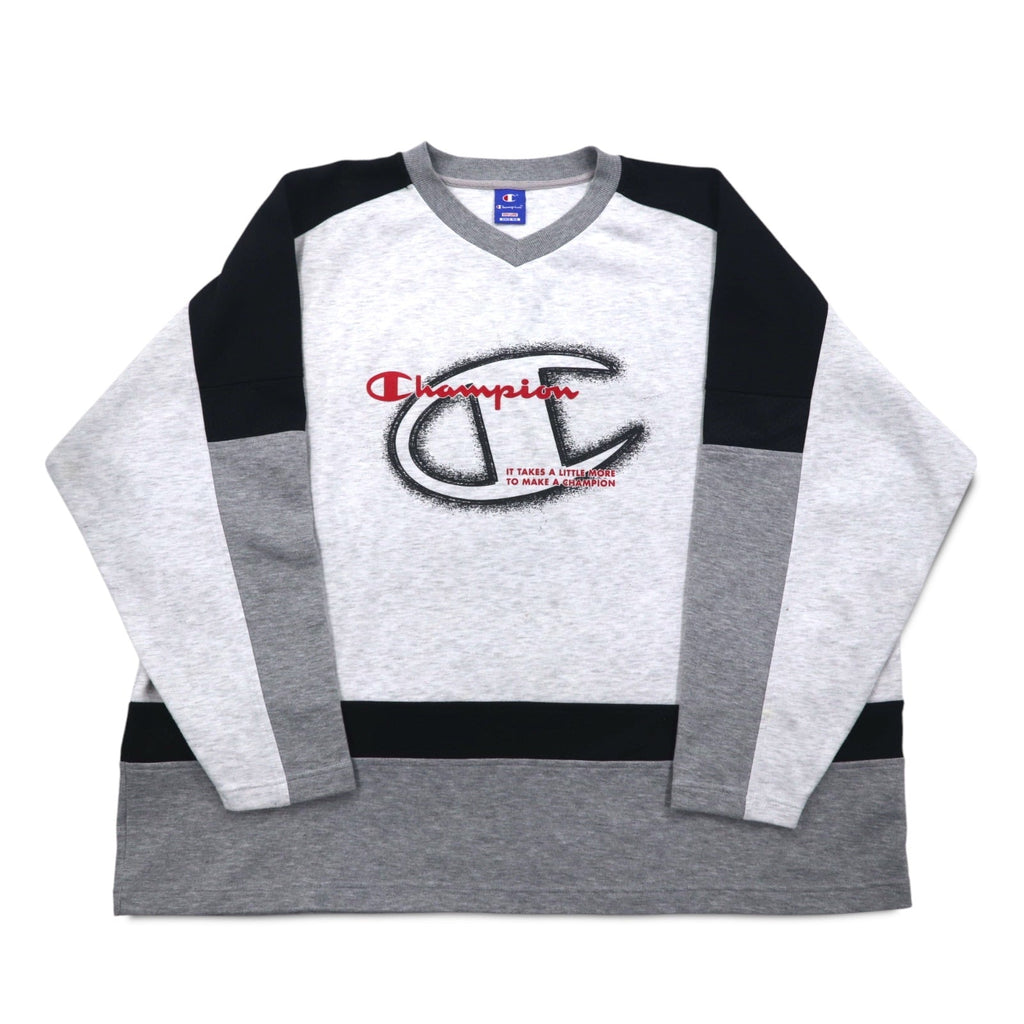 Champion 90年代 Vネック ラグラン スウェット 4XL グレー スクリプトロゴ ビッグサイズ