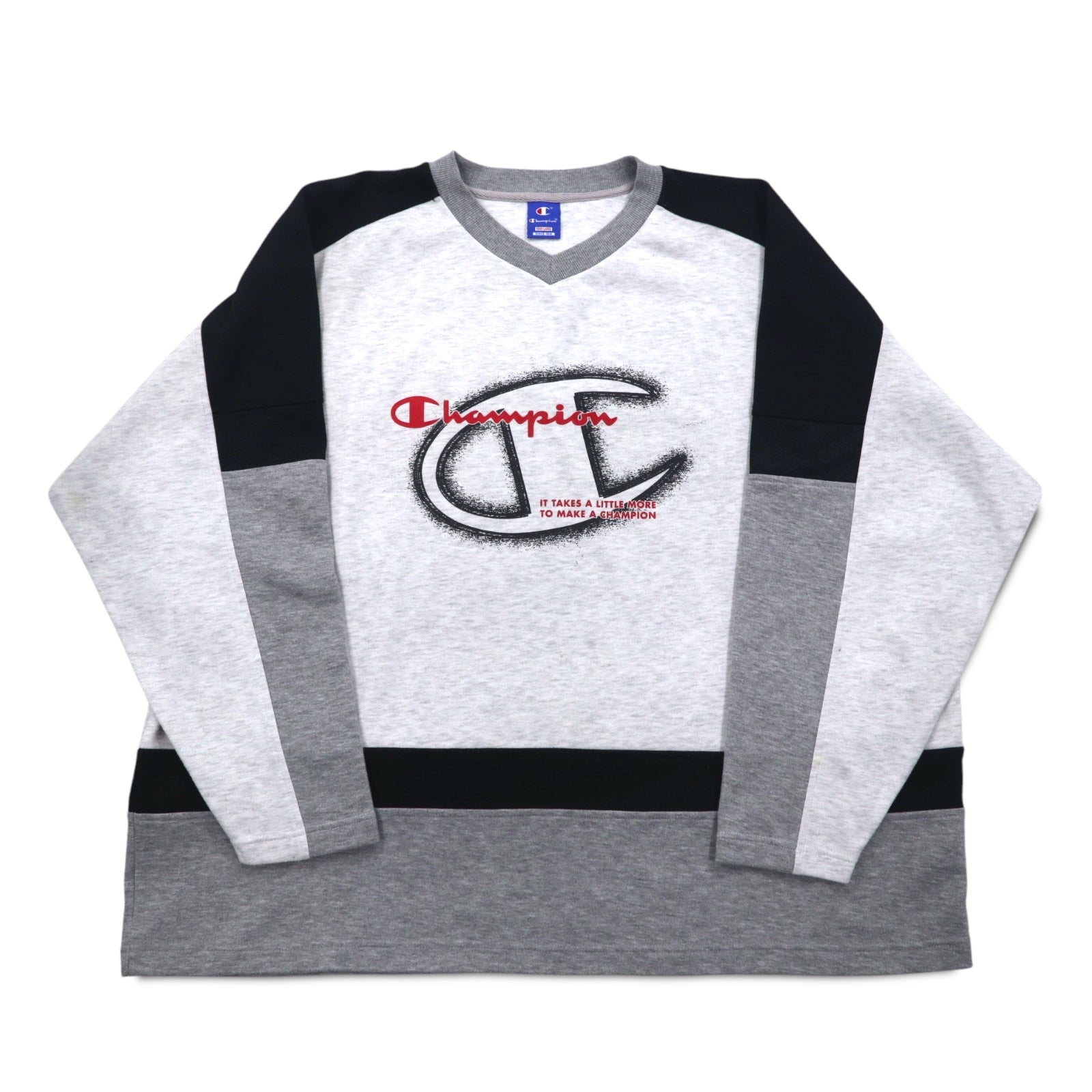 Champion anni '90, felpa girocollo raglan 4XL grigia, logo script, taglia grande