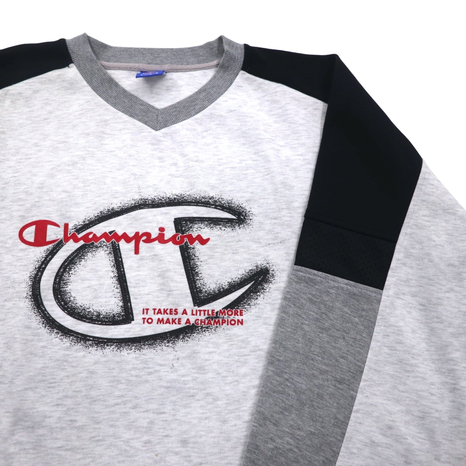 Champion anni '90, felpa girocollo raglan 4XL grigia, logo script, taglia grande