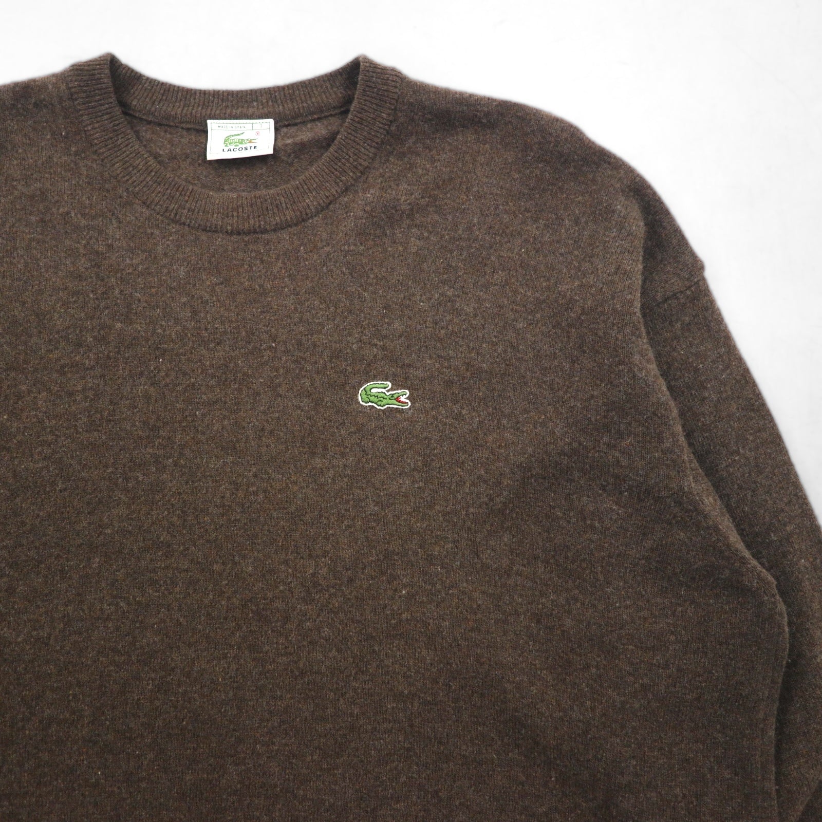 LACOSTE 80年代 スペイン製 クルーネック ニット セーター XL ブラウン ウール