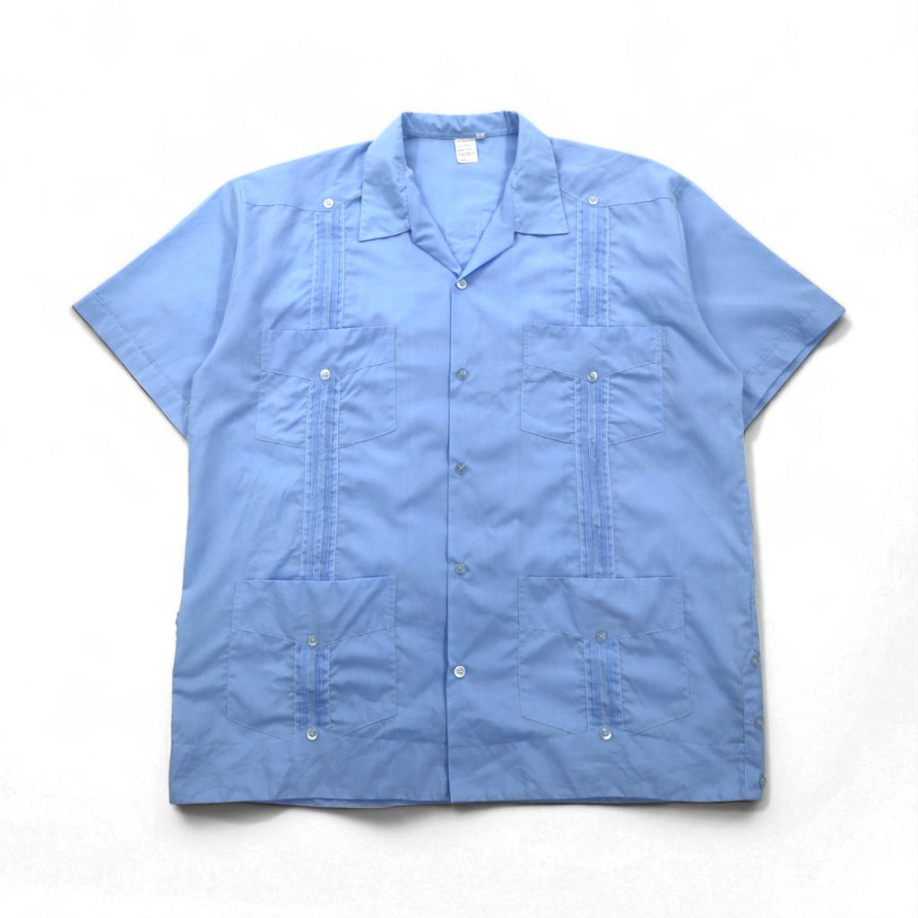 J.R.PALACIOS anni '80 Camicia cubana con colletto aperto, vestibilità squadrata, 2XL, blu, poliestere e cotone