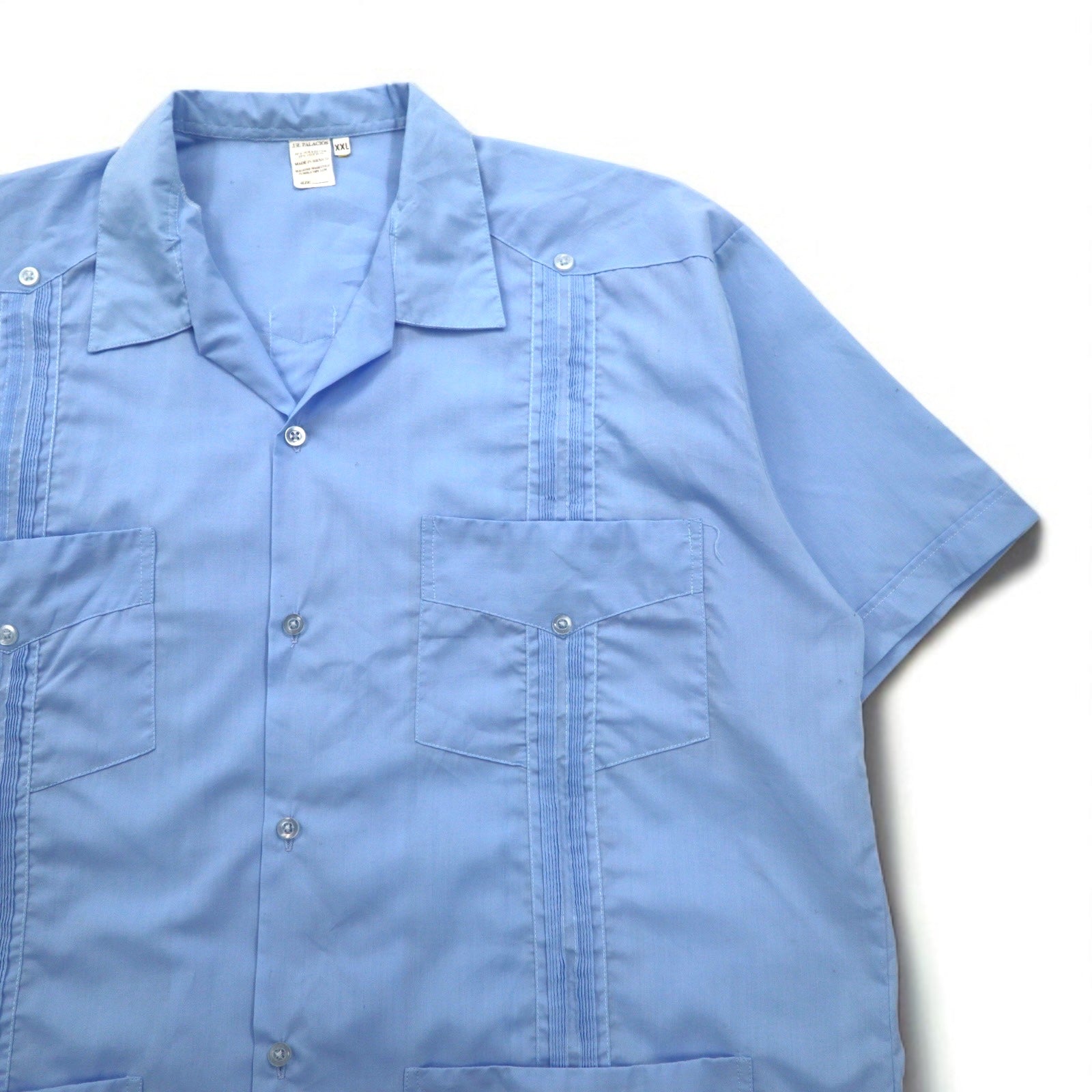 J.R.PALACIOS anni '80 Camicia cubana con colletto aperto, vestibilità squadrata, 2XL, blu, poliestere e cotone