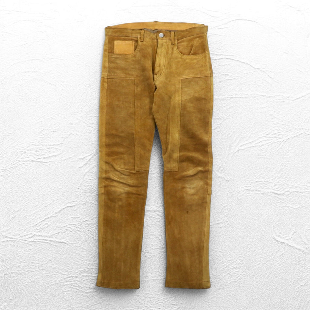 YSTRDY's TMRRW Pantaloni in camoscio SLIM LEG RUNAWAY SUEDE PANTS M Giallo Beige Pelle bovina Spacco con cerniera Fabbricato in Giappone