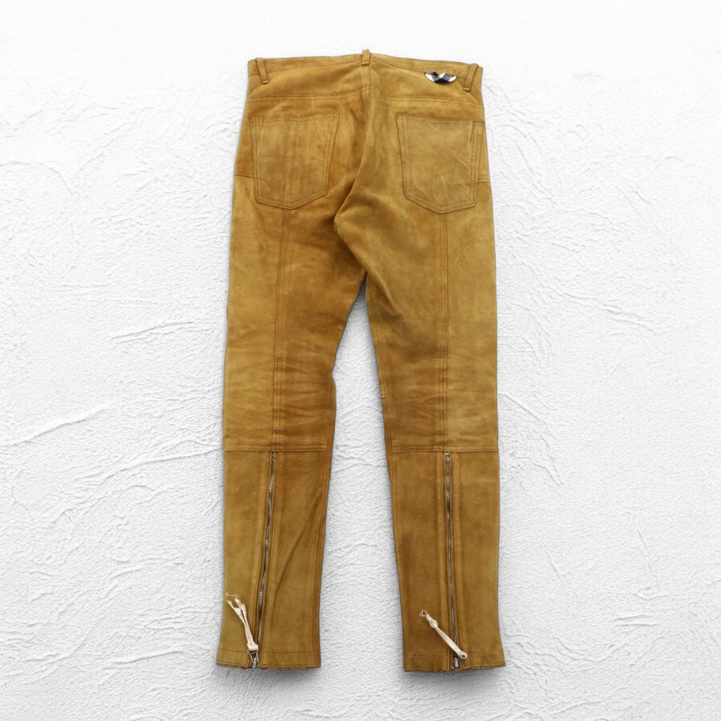 YSTRDY's TMRRW Pantaloni in camoscio SLIM LEG RUNAWAY SUEDE PANTS M Giallo Beige Pelle bovina Spacco con cerniera Fabbricato in Giappone
