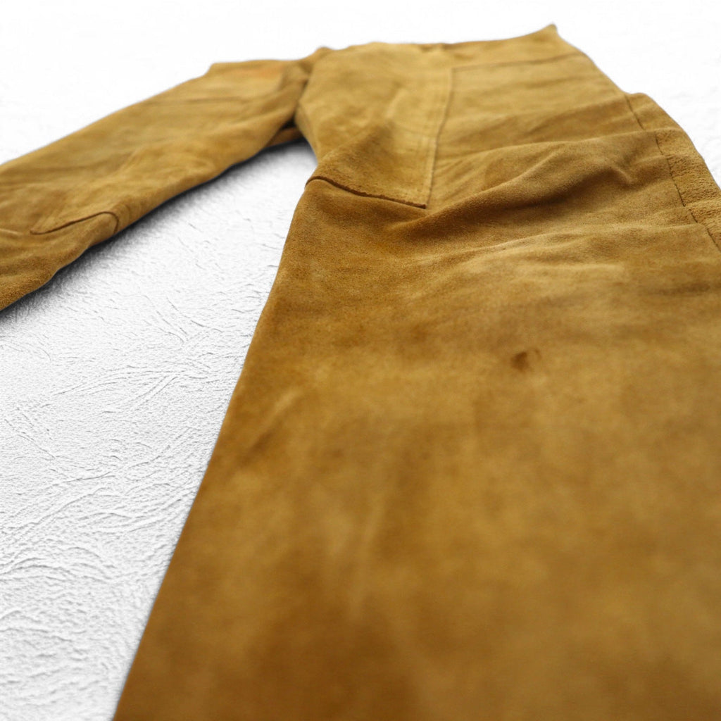YSTRDY's TMRRW Pantaloni in camoscio SLIM LEG RUNAWAY SUEDE PANTS M Giallo Beige Pelle bovina Spacco con cerniera Fabbricato in Giappone