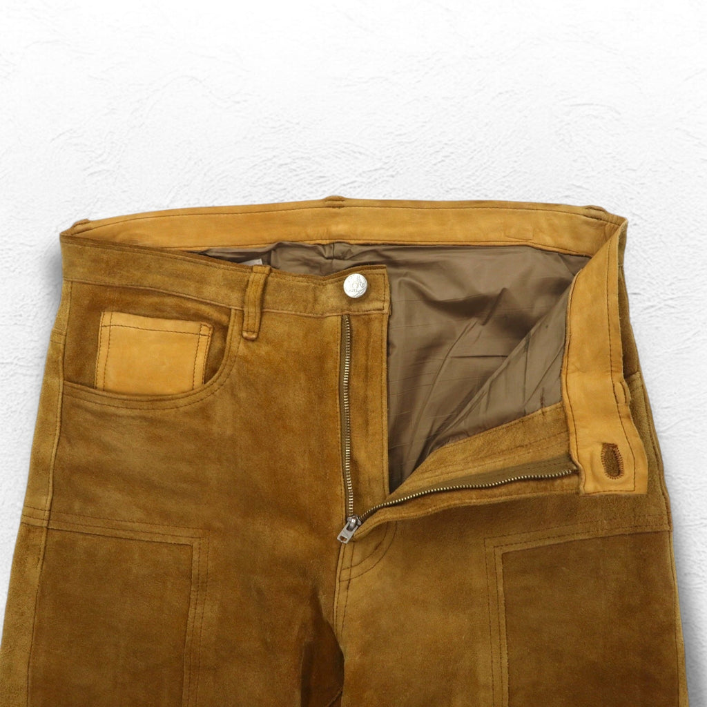 YSTRDY's TMRRW Pantaloni in camoscio SLIM LEG RUNAWAY SUEDE PANTS M Giallo Beige Pelle bovina Spacco con cerniera Fabbricato in Giappone
