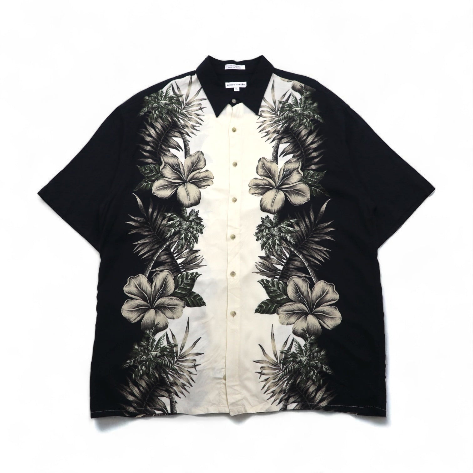Pierre Cardin camicia hawaiana XL, nero, bianco, rayon, ibisco, motivi botanici
