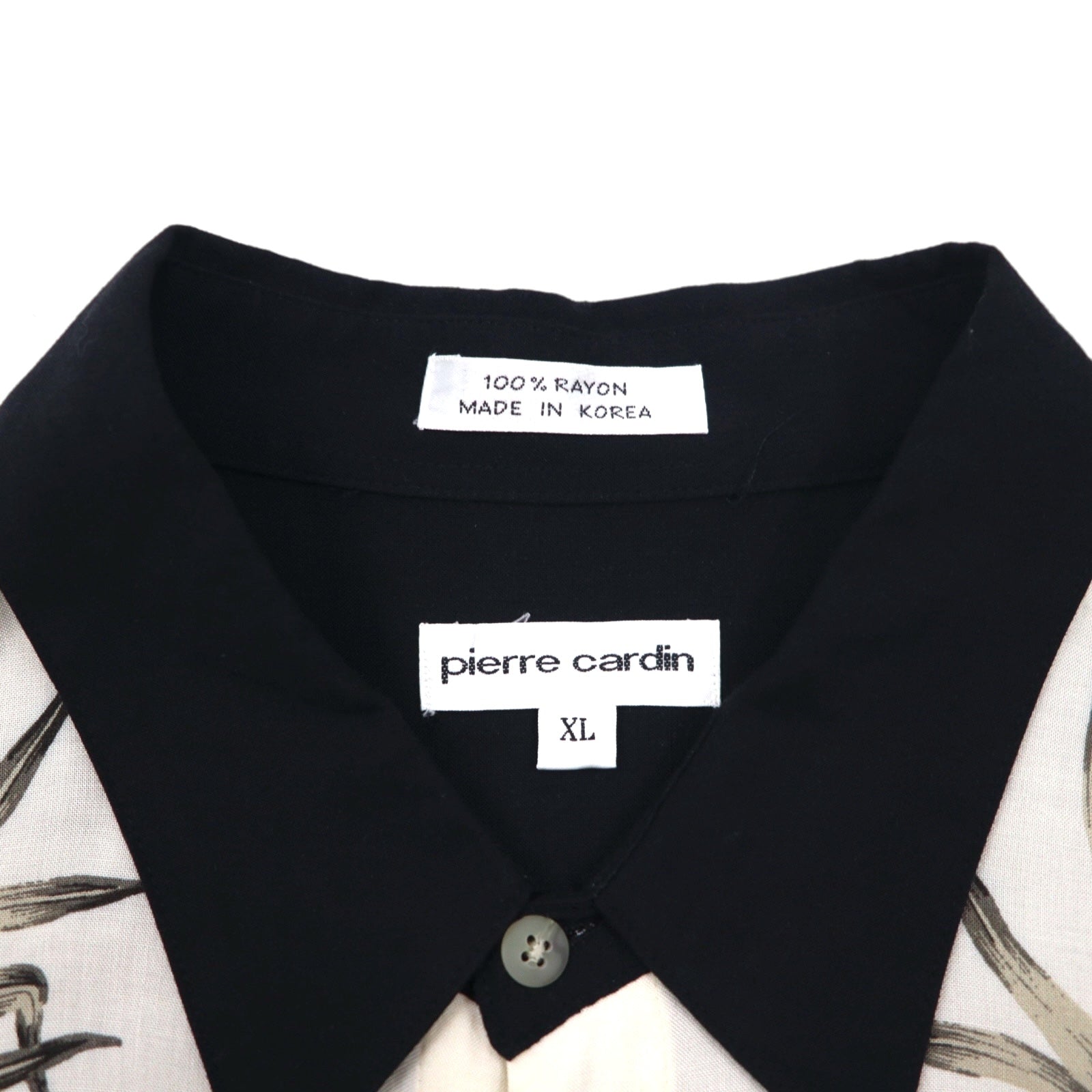Pierre Cardin camicia hawaiana XL, nero, bianco, rayon, ibisco, motivi botanici