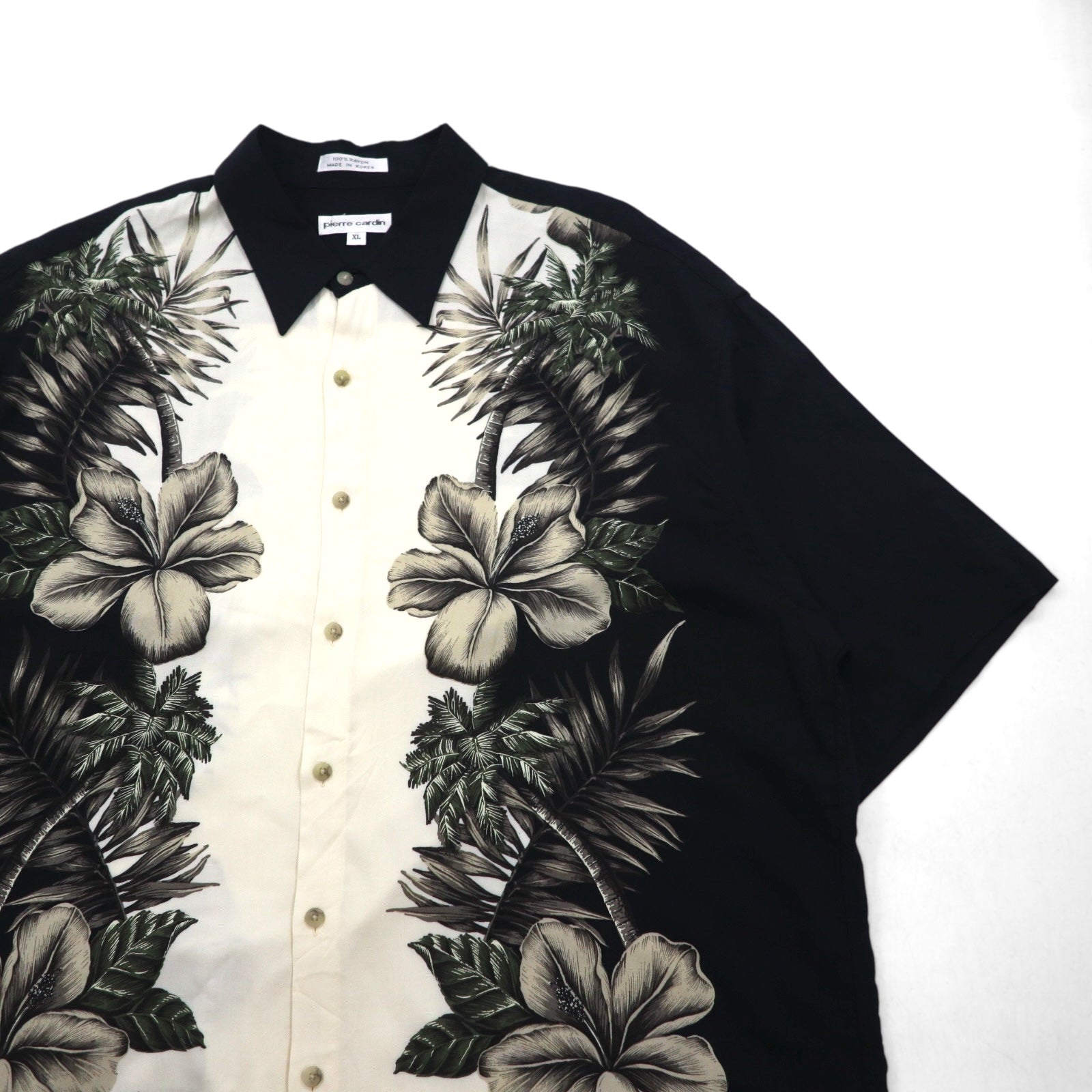 Pierre Cardin camicia hawaiana XL, nero, bianco, rayon, ibisco, motivi botanici