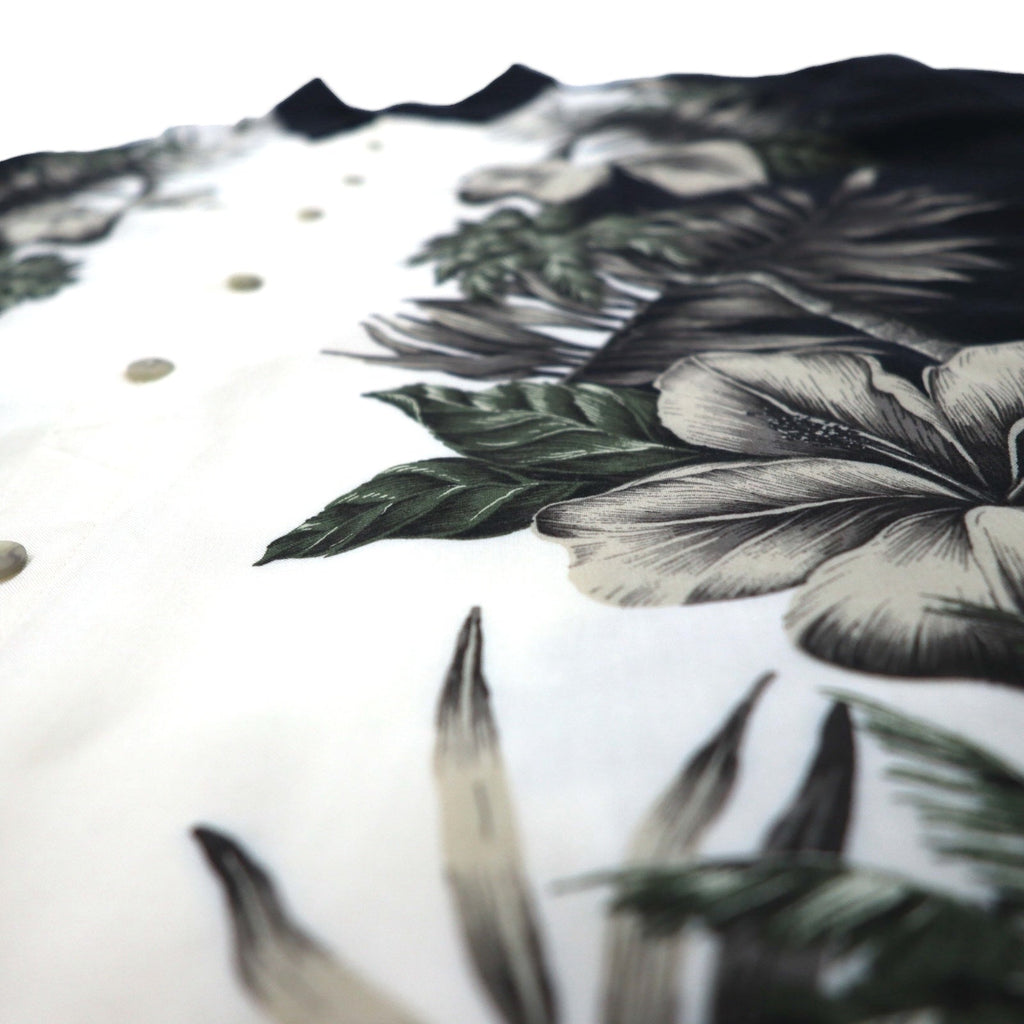 Pierre Cardin camicia hawaiana XL, nero, bianco, rayon, ibisco, motivi botanici