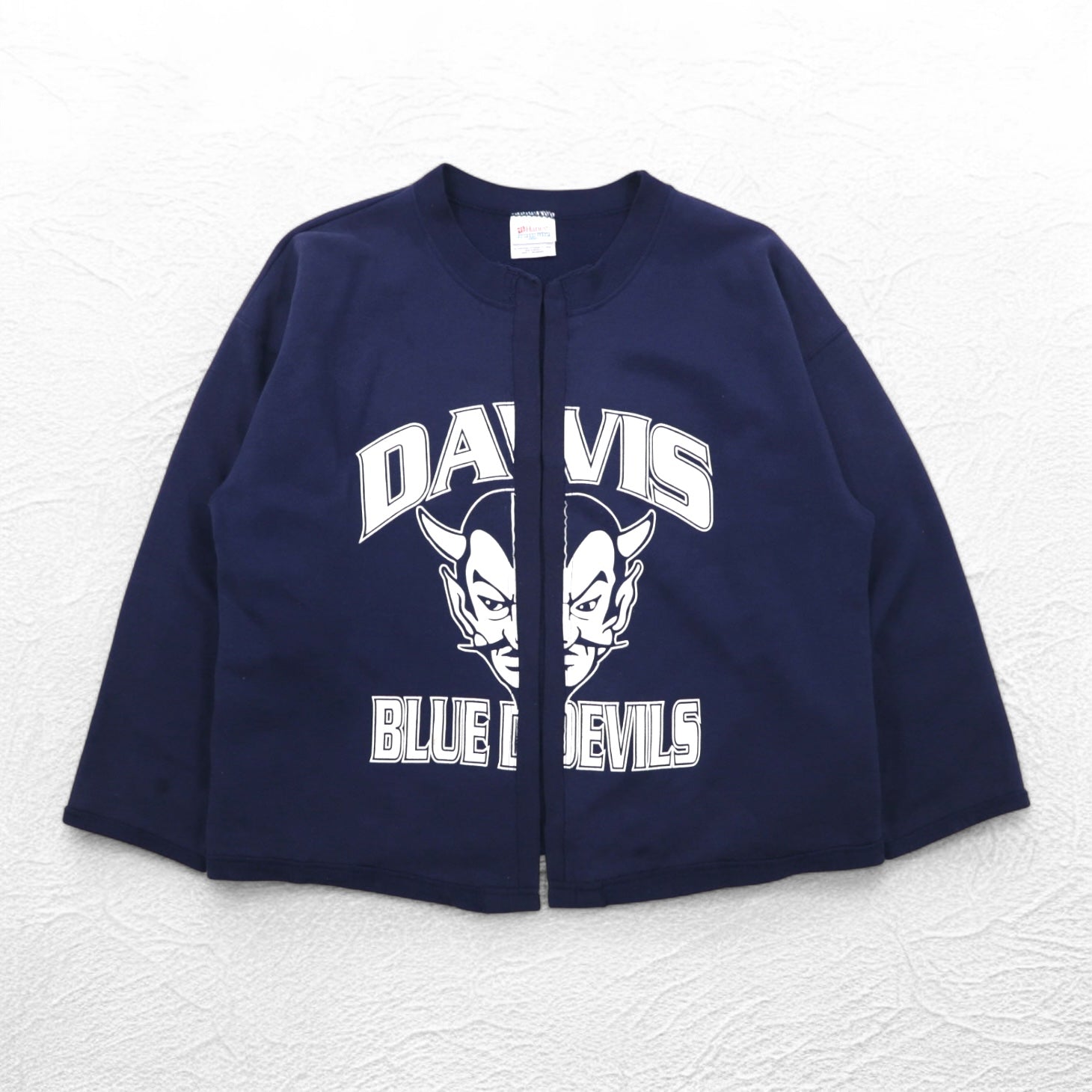 Cardigan in felpa Hanes rielaborata, taglia L, blu navy, cotone, DAVIS BLUE DEVILS, made in Messico
