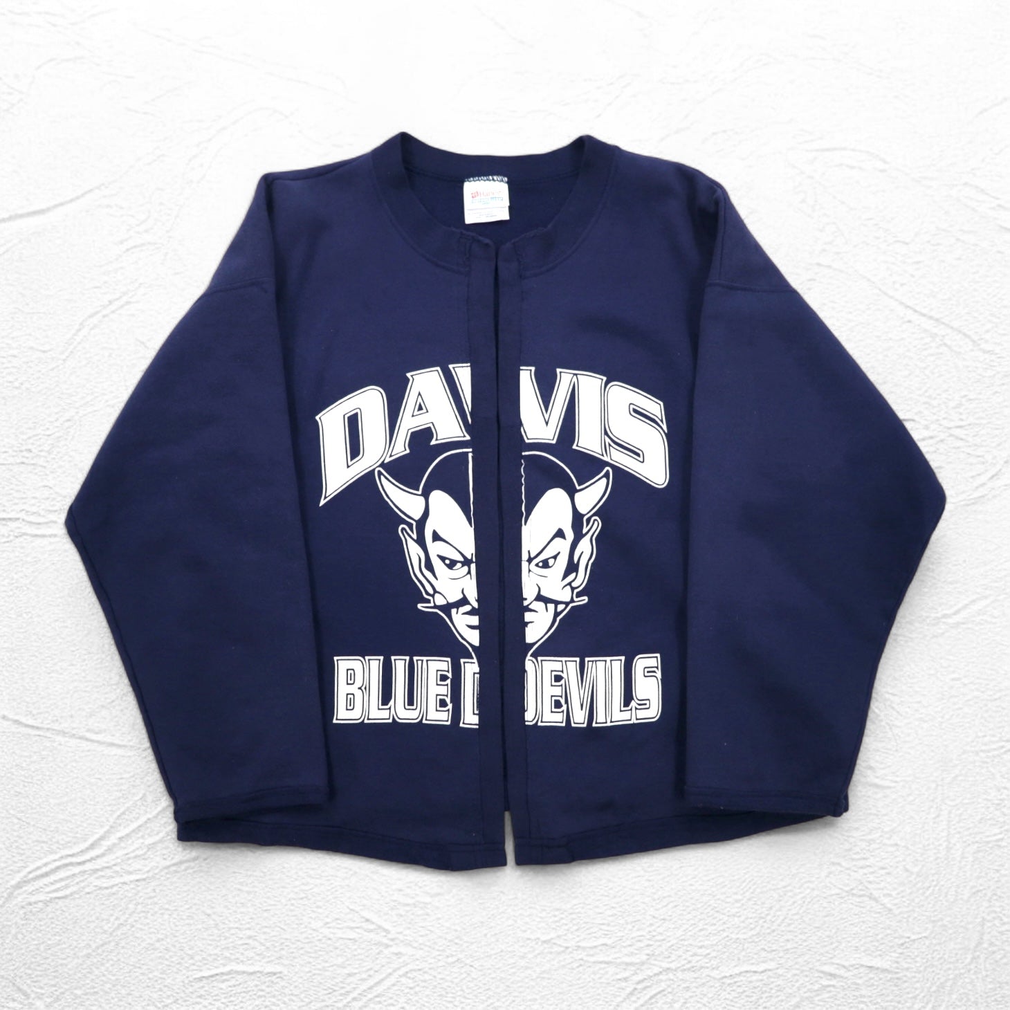 Cardigan in felpa Hanes rielaborata, taglia L, blu navy, cotone, DAVIS BLUE DEVILS, made in Messico