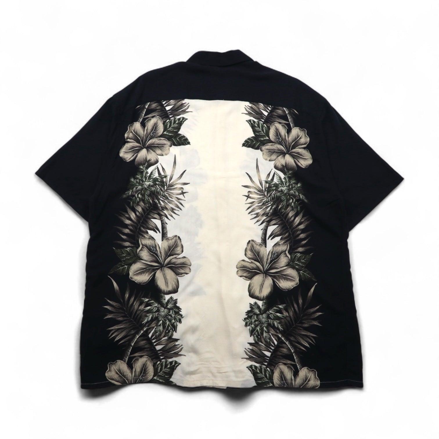 Pierre Cardin camicia hawaiana XL, nero, bianco, rayon, ibisco, motivi botanici