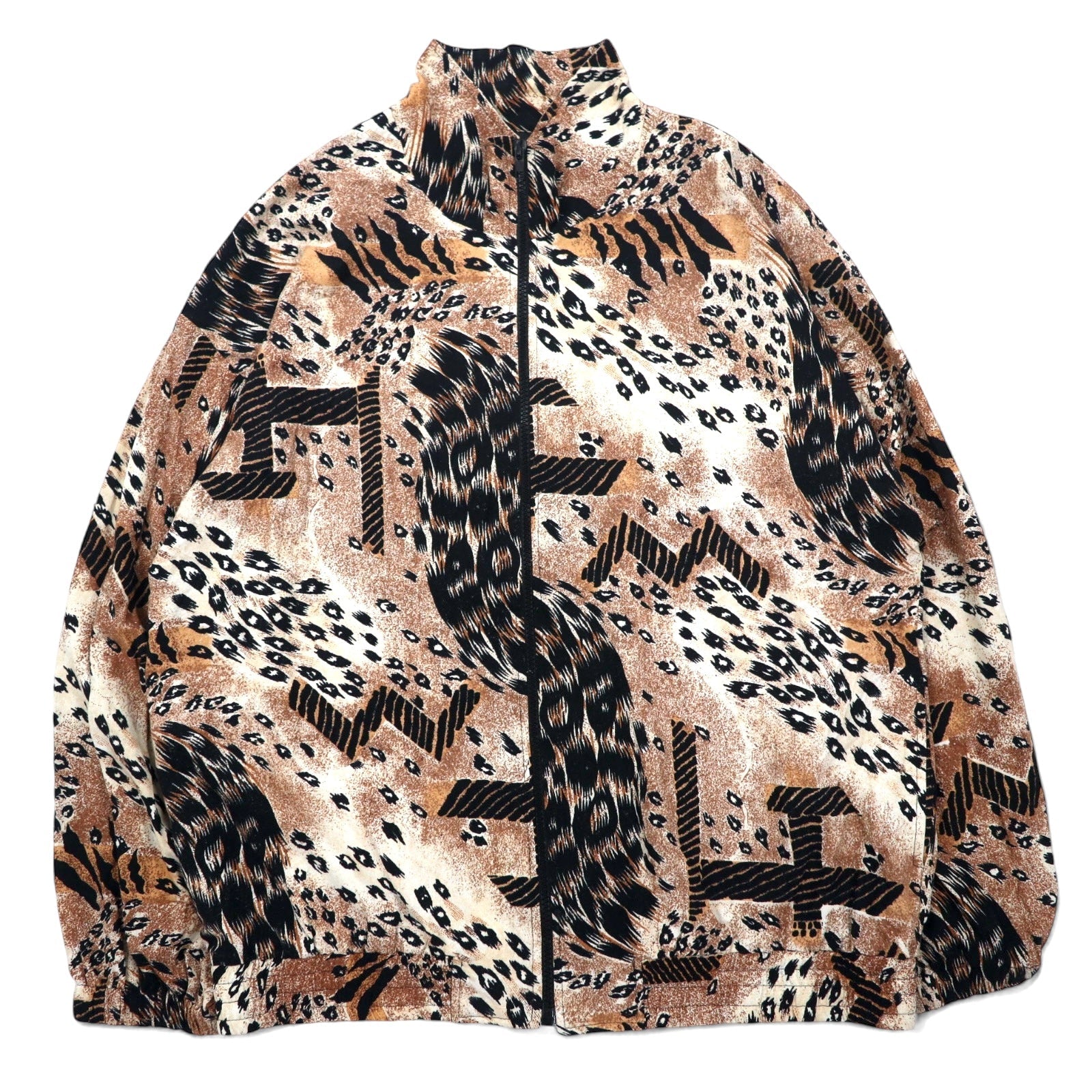 Anni '90 ERIN LONDON Giacca in seta con cerniera, taglia L, beige, fantasia leopardata