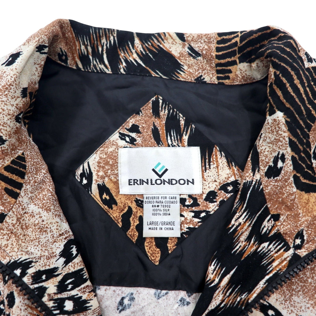 90年代 ERIN LONDON シルク ジップアップジャケット L ベージュ 総柄 レオパード