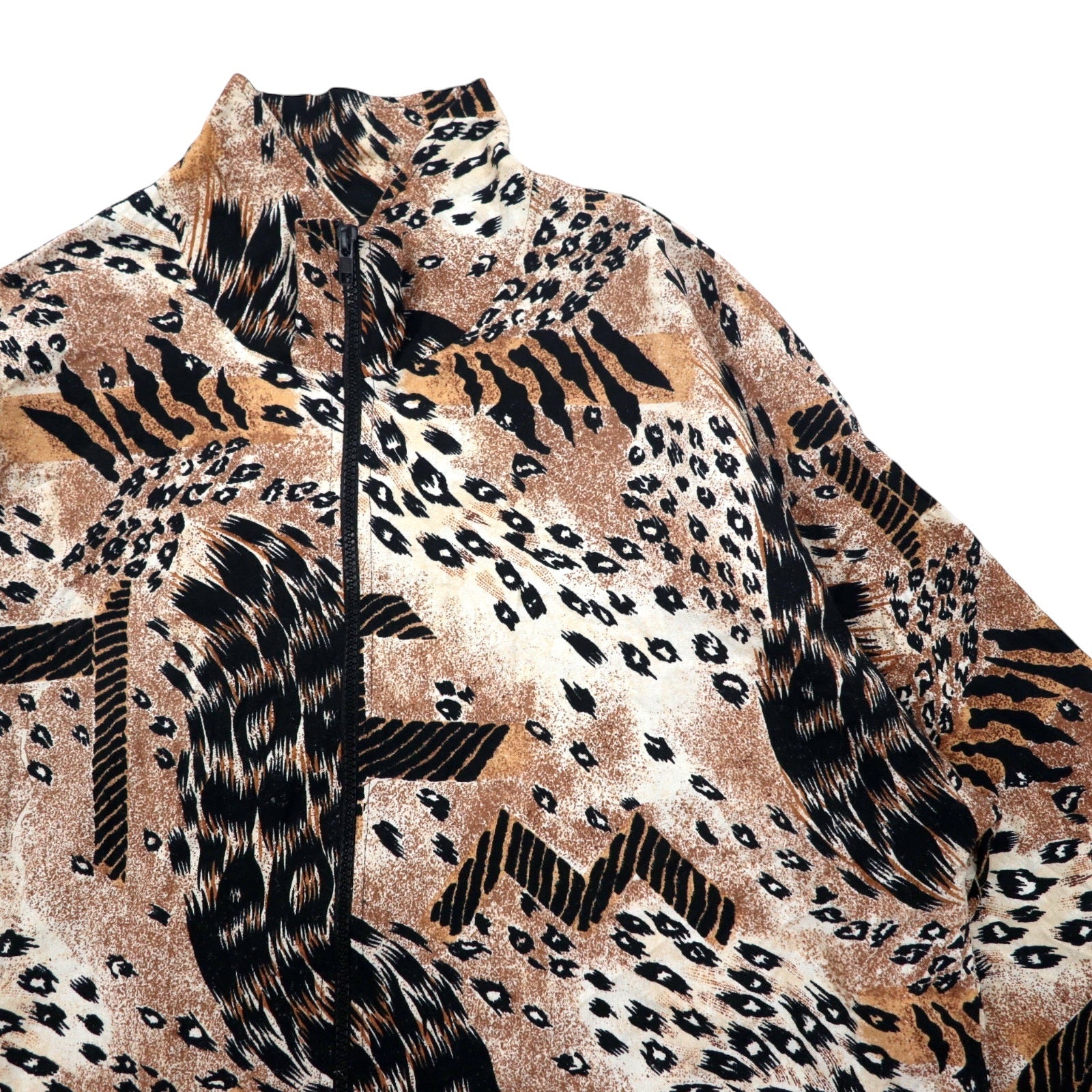 Anni '90 ERIN LONDON Giacca in seta con cerniera, taglia L, beige, fantasia leopardata