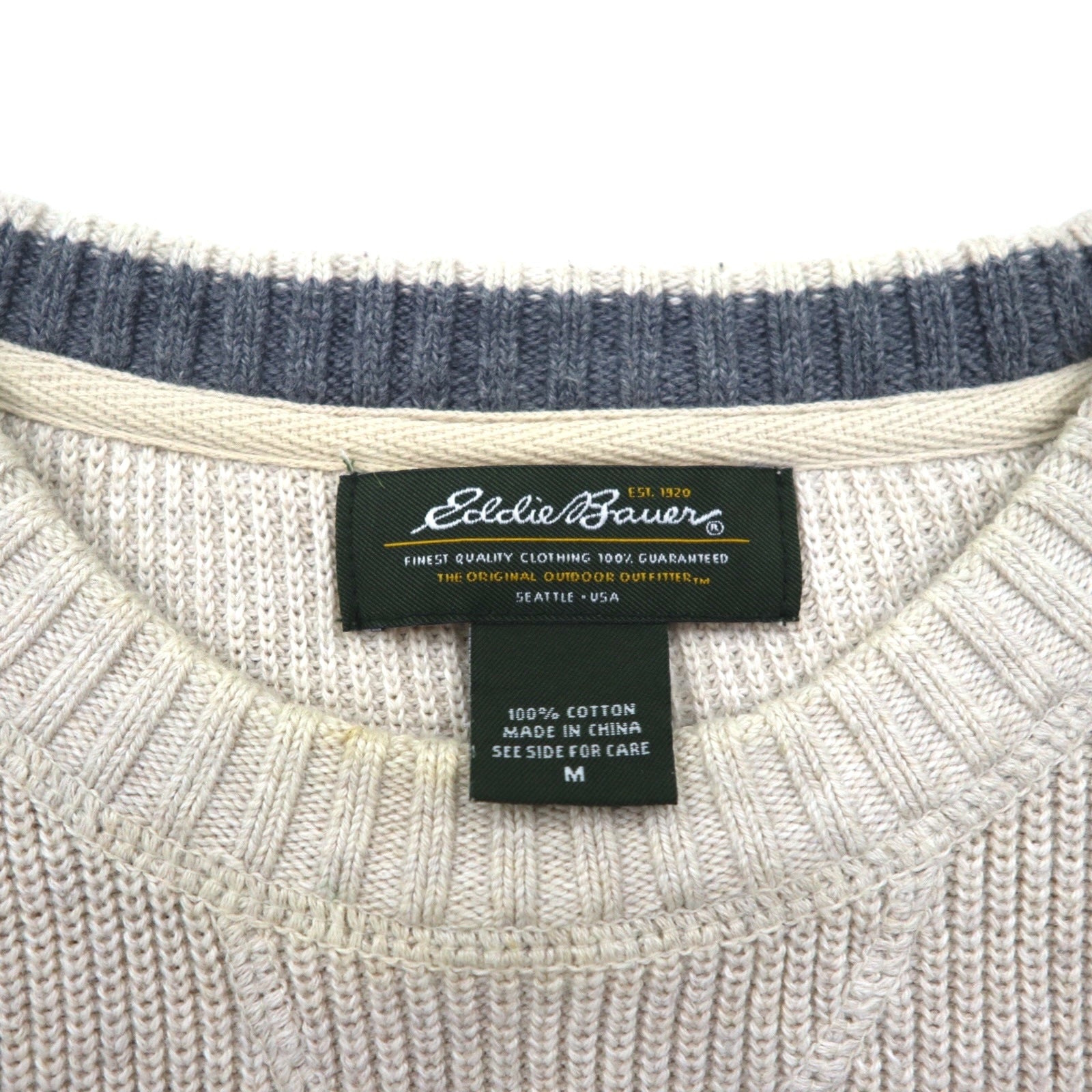 Eddie Bauer クルーネック 前V ニット セーター M ベージュ コットン 3823
