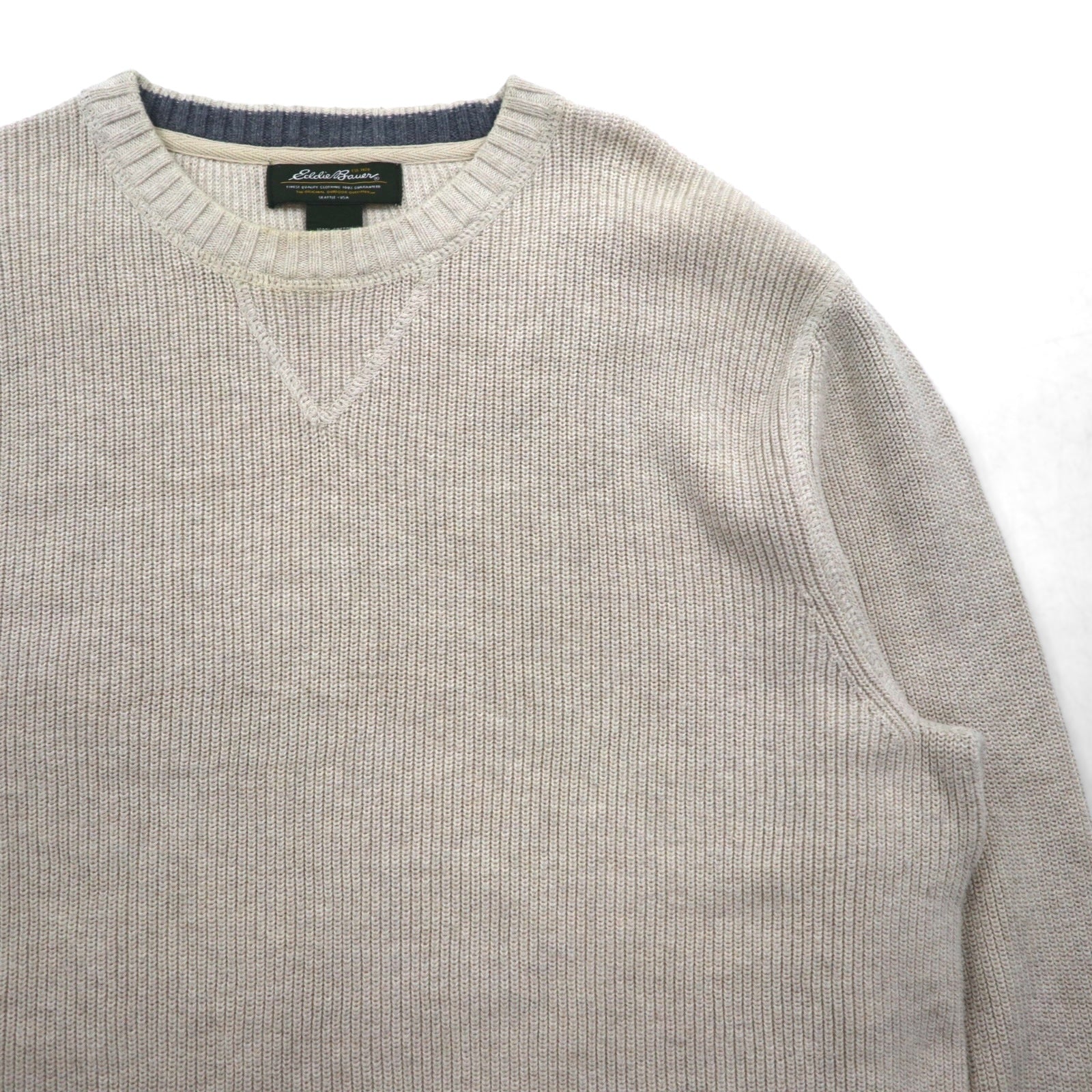 Eddie Bauer クルーネック 前V ニット セーター M ベージュ コットン 3823