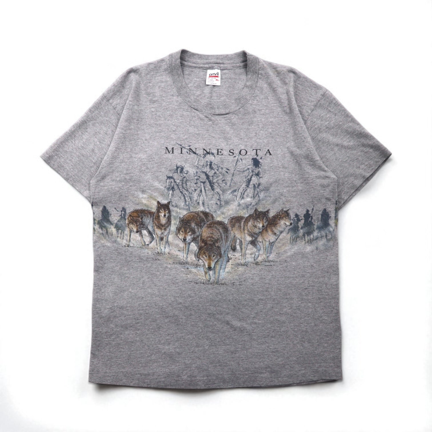 T-shirt Anvil anni '90, made in USA, cucitura singola, XL, grigia, MINNESOTA, stampa animale fronte-retro, lupo